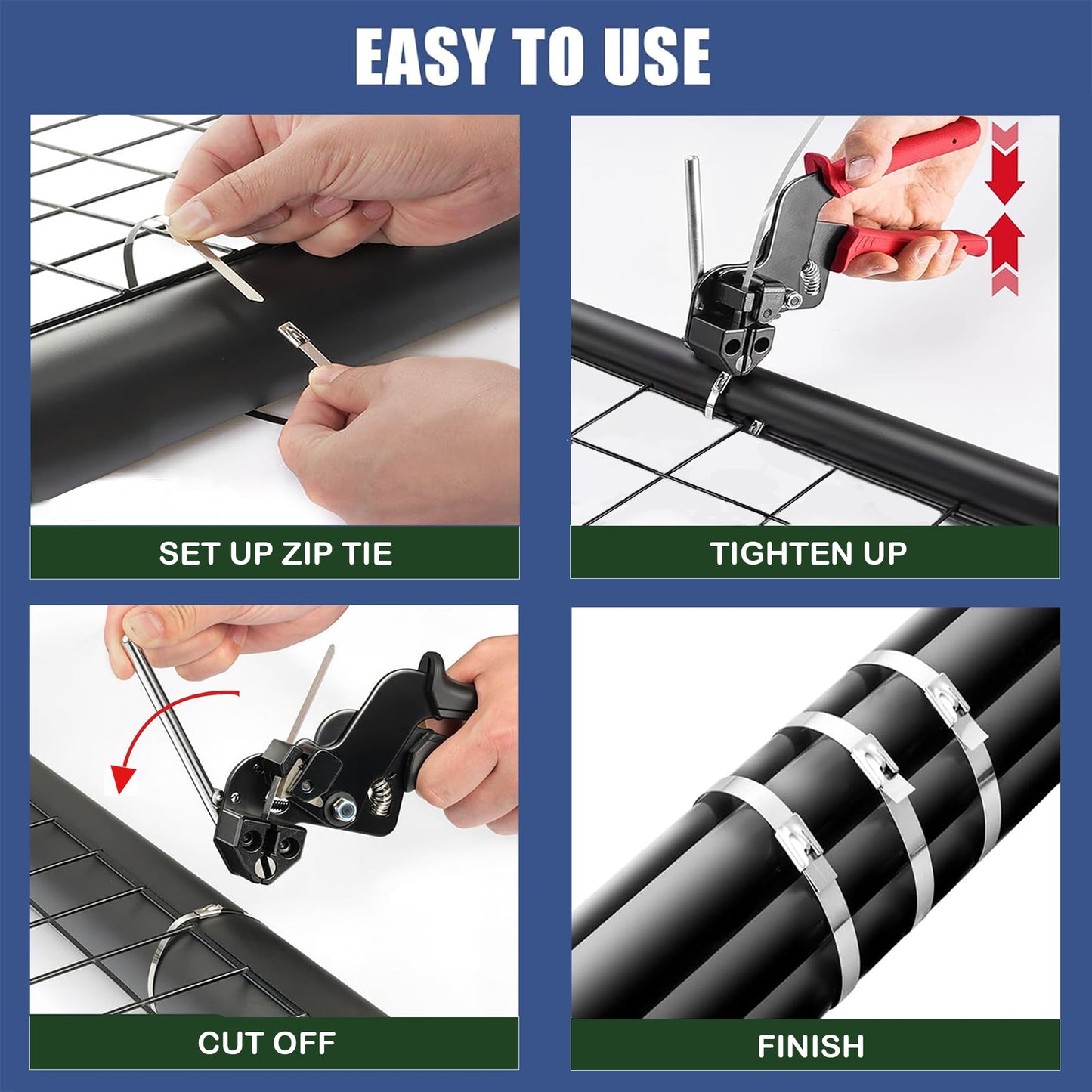 Stainless Steel Cable Ties Gun Set with 300PCS Self-Locking Metal Zip Ties (100 Each of 7.8", 9.8", 11.8"), Heavy Duty Fastening Cutting and Release