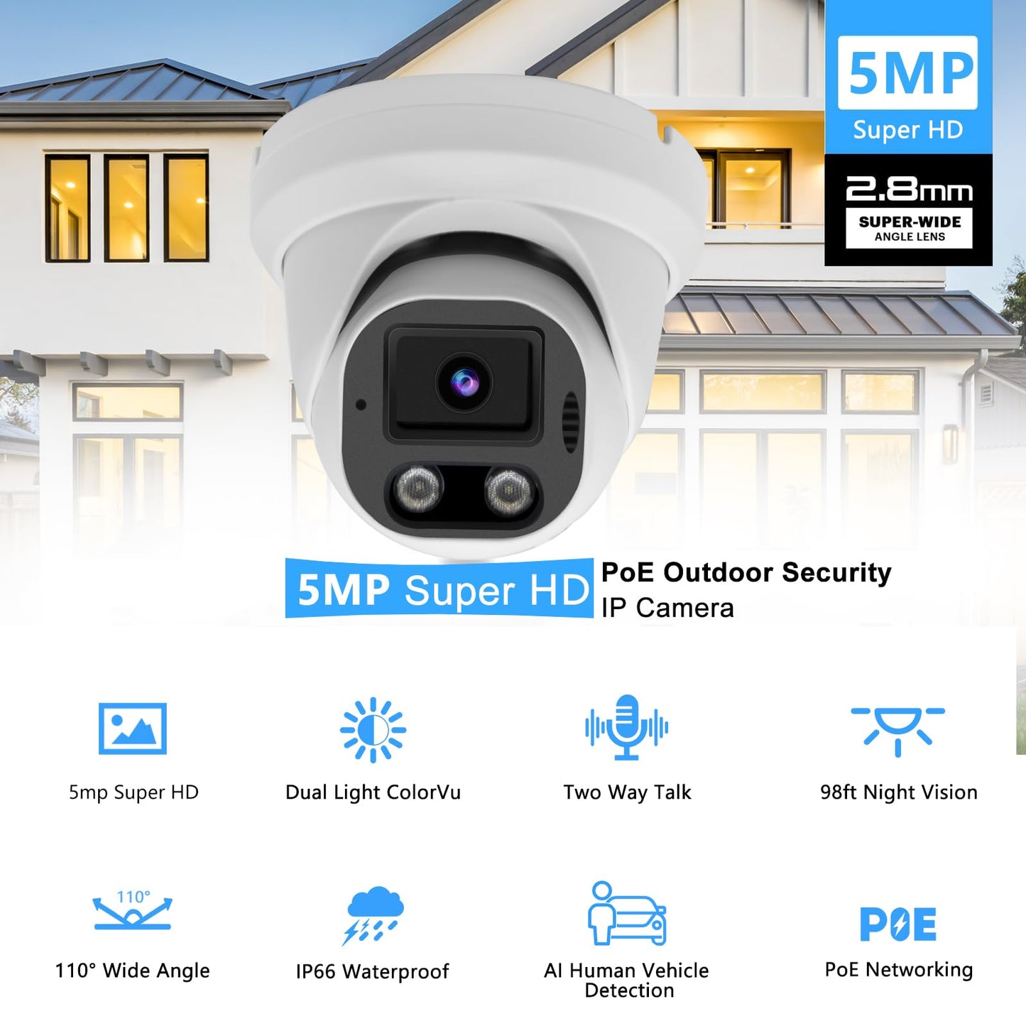 Inwerang 5MP PoE IP Dome Security Camera Outdoor, Full Color Turret IP Camera with Smart Dual Light, Two Way Talk, SD Card Slot, 98ft Night Vision