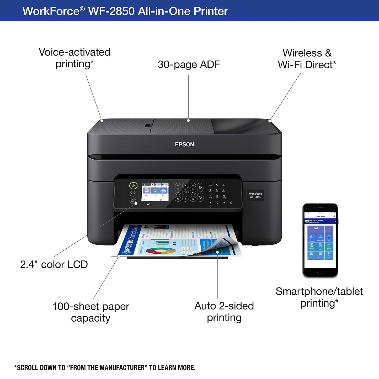 Epson Workforce WF-2850 Wireless All-in-One Printer with Scan, Copy, Fax