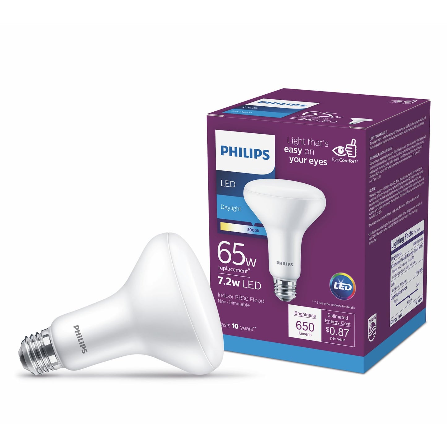 PHILIPS LED Non-Dimmable BR30 Light Bulb - EyeComfort Flicker Free - 7.2W = 65W - 650 Lumen - Daylight (5000K) - E26 Base - Indoor - Title 20