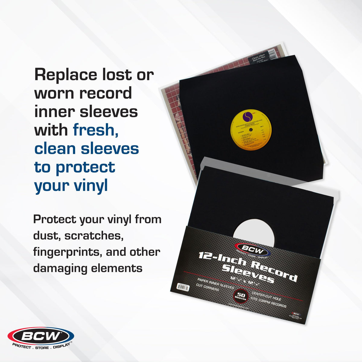 BCW 12 Inch Vinyl Record Paper Inner Sleeves - Angle Cut Corners - Black | Pack of 50 | Protective LP Album Sleeves for Vinyl Storage and Preservation