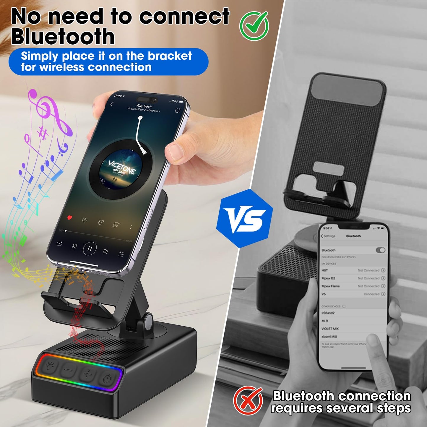 Enfriliv Wireless Induction Audio Bluetooth Speaker 5in1 Phone Holder Emergency Rechargeable with Colorful Ambient Light 300° Foldable for Tablet