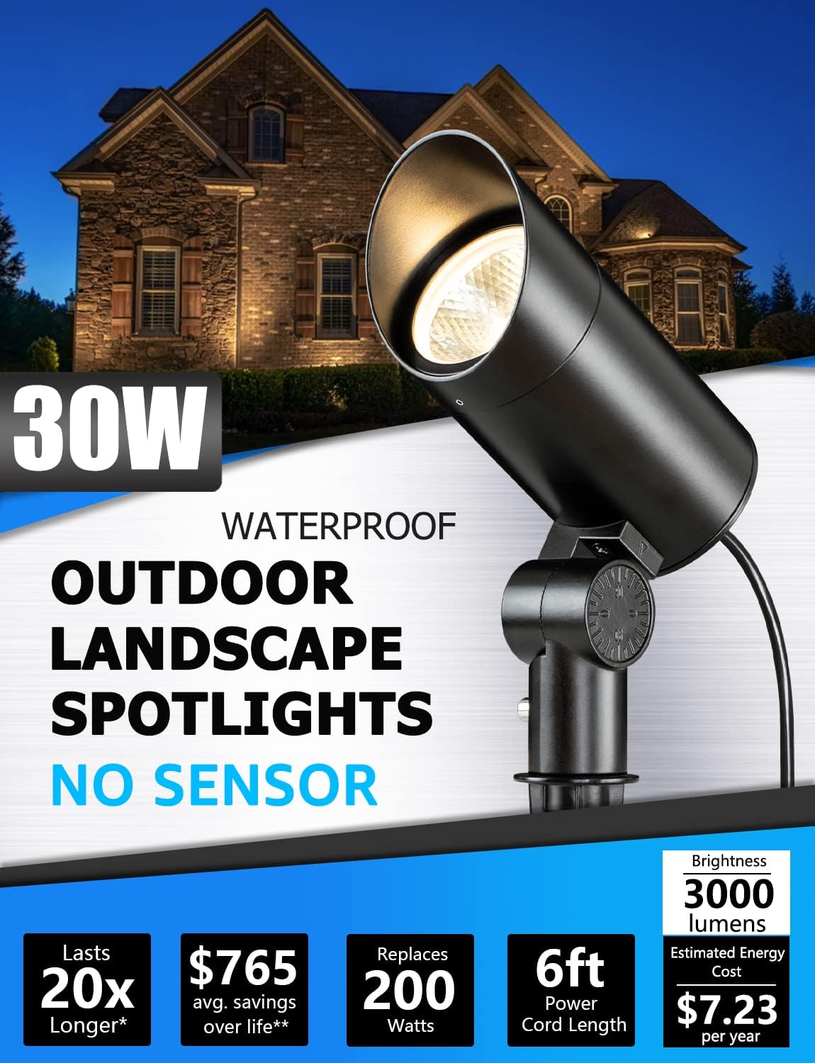 SUNVIE 30W Outdoor LED Spotlight 120V Waterproof Landscape Spotlights 3000LM Ultra Bright Spot Lights Outdoor 3000K Warm White Landscape Lights with 6
