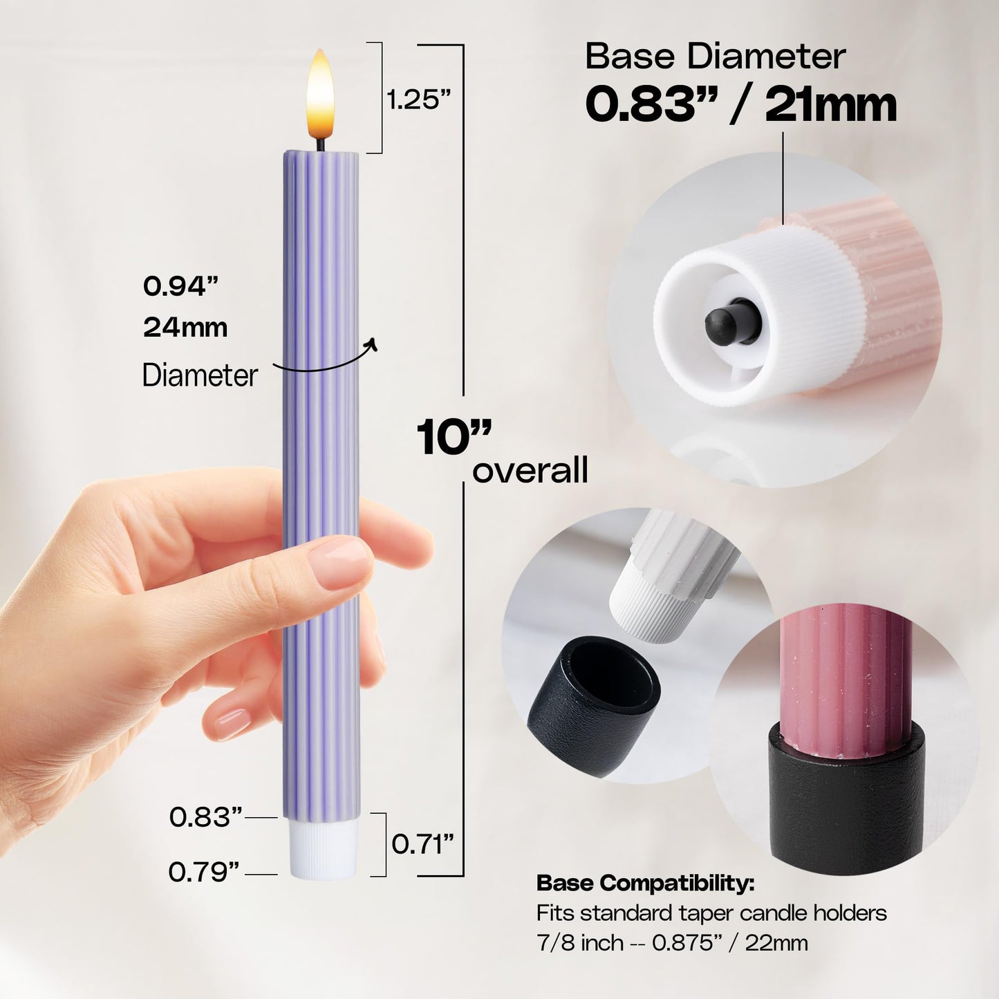 West Ivory Dusty Mauve Coordinated Pinkish Lilac 4 Pack, 10" Real Wax LED Flameless Fluted Ribbed Grooved Taper Candles, Remote & Timer, On/Off