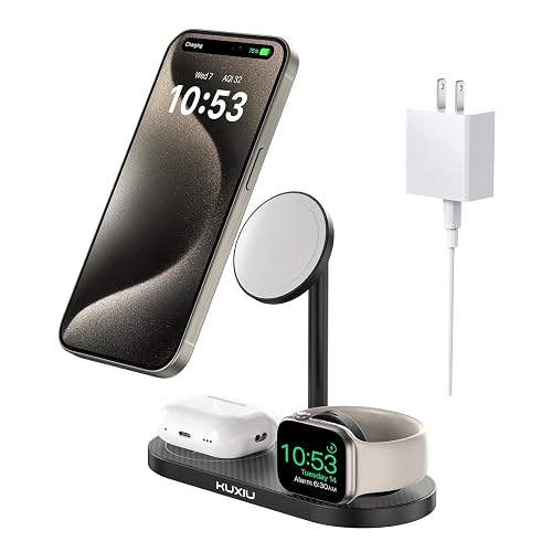 KU XIU Aluminum Alloy 3 in 1 Charging Station for Apple, Magnetic Wireless Charger Stand for iPhone 16/15/14/13/12 Series, 5W Fast Wireless Travel