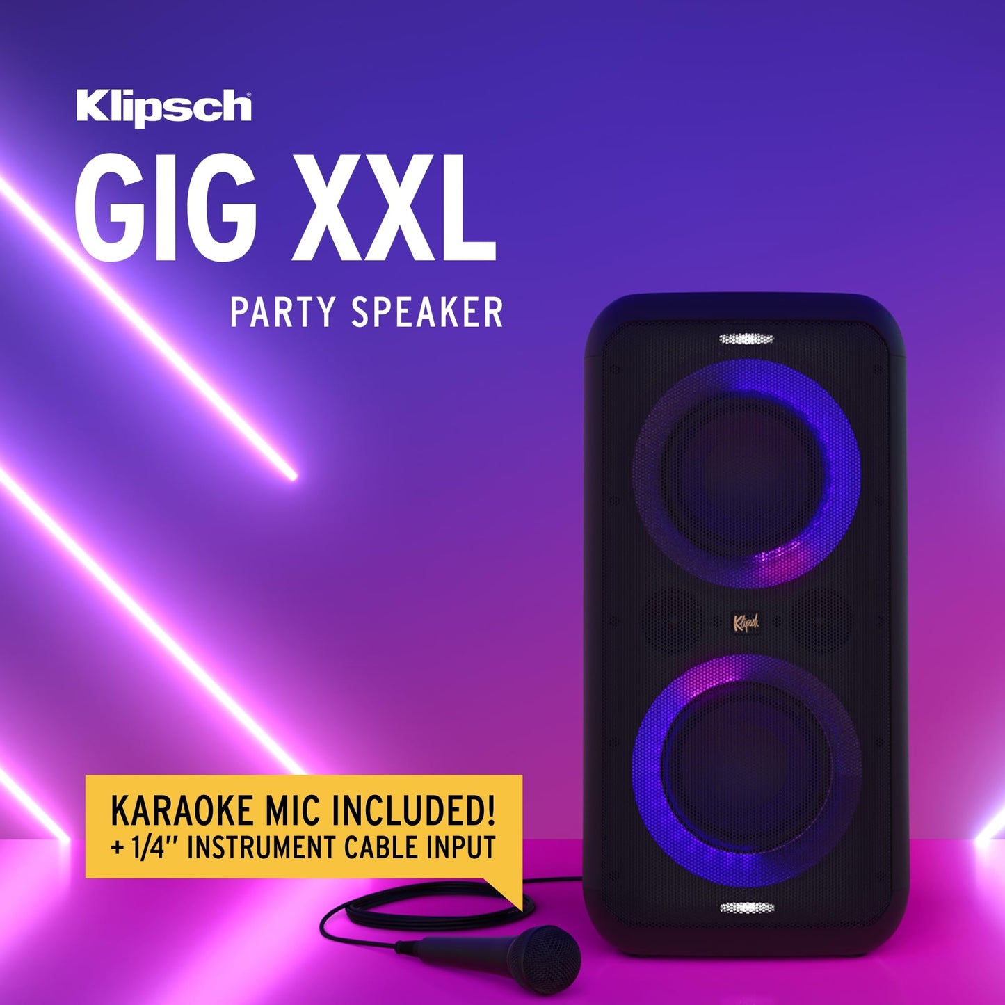 Klipsch Gig XXL, Black - Portable Wireless Bluetooth Speaker - Multiple Color Modes - Bass Boost - Two 6.5" Woofers & Two 2" Tweeters - 8-Hour