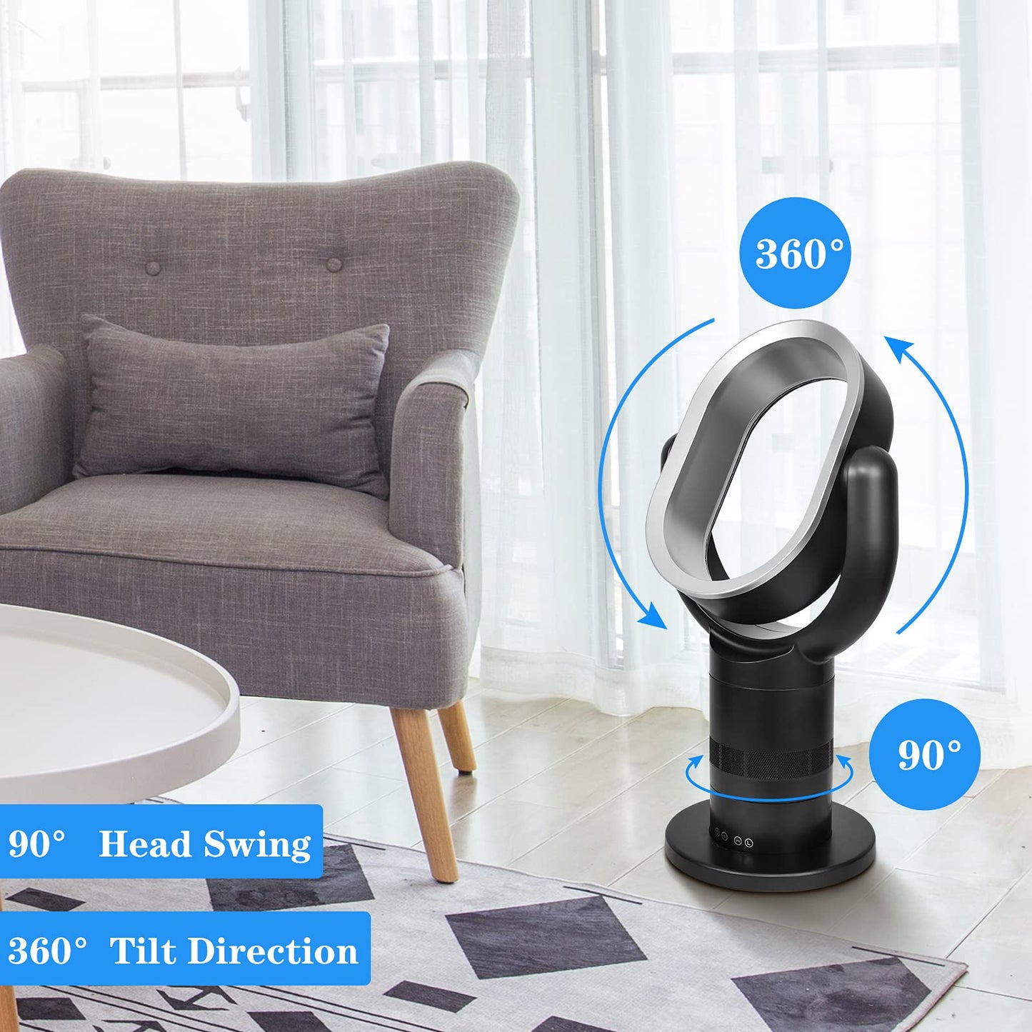 HealSmart Portable Bladeless Tower Fan, 10 Speeds Settings, 10-Hour Timing Closure, Low Noise, Lightweight, 24 Inches, Black