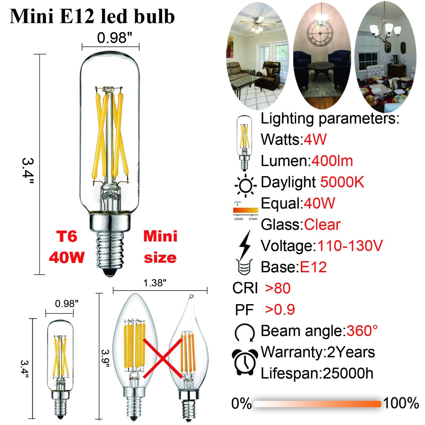 LiteHistory T6 Candelabra Light Bulbs 40 watt,Dimmable,Daylight 5000K,Clear
