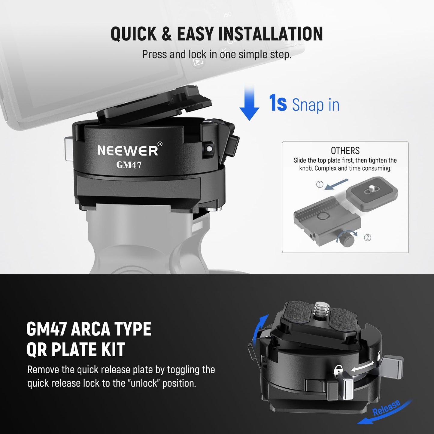 Neewer GM47 Quick Release Plate Kit, Quick Switch Auto Lock Square QR Camera Tripod Mount Plate & Clamp Base Compatible with DJI Ronin RS 4 Pro RS 3