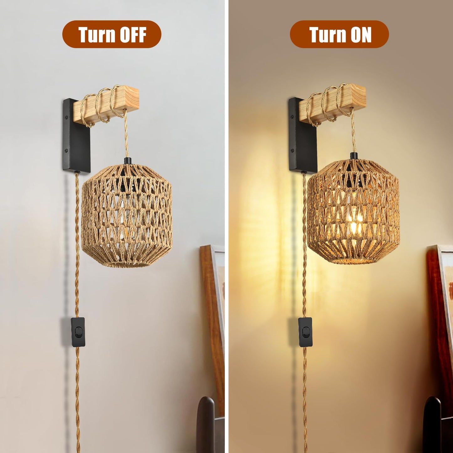 NOVCAND Boho Hanging Wall Light Plug in,Vintage Farmhouse Wall Sconces Set of Two with Rattan Shade for Bedroom Living Room-Black