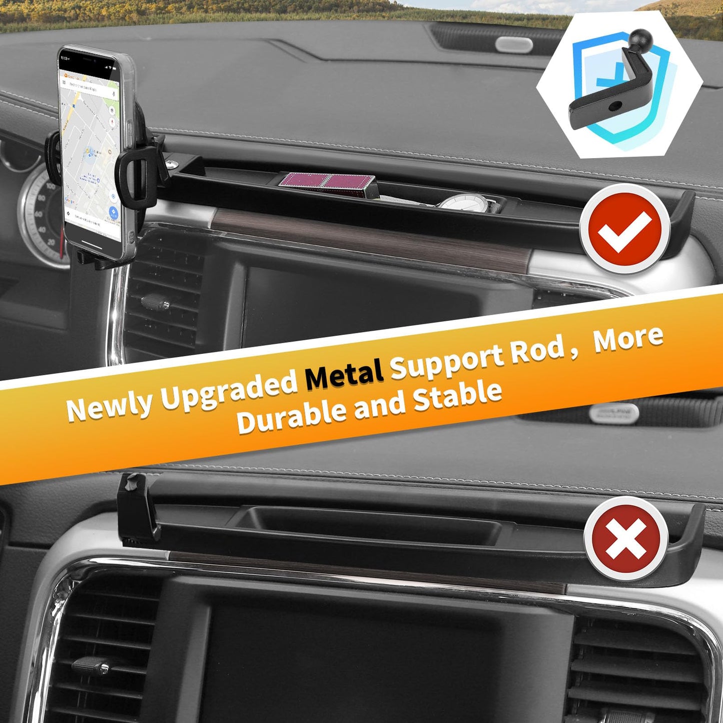 SQQP Multi-Mount Dash Phone Holder with Metal Rod for 2012-2017 Dodge RAM, Phone Mount Storage Tray Cellphone System Kit