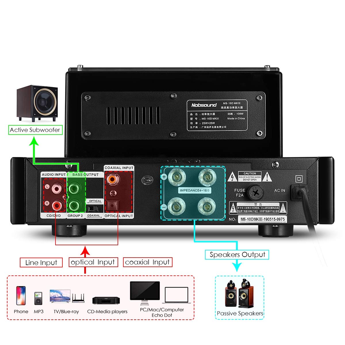 Nobsound MS-10D MKIII HiFi Bluetooth Hybrid Tube Power Amplifier Stereo Subwoofer Amp USB/Opt/Coax