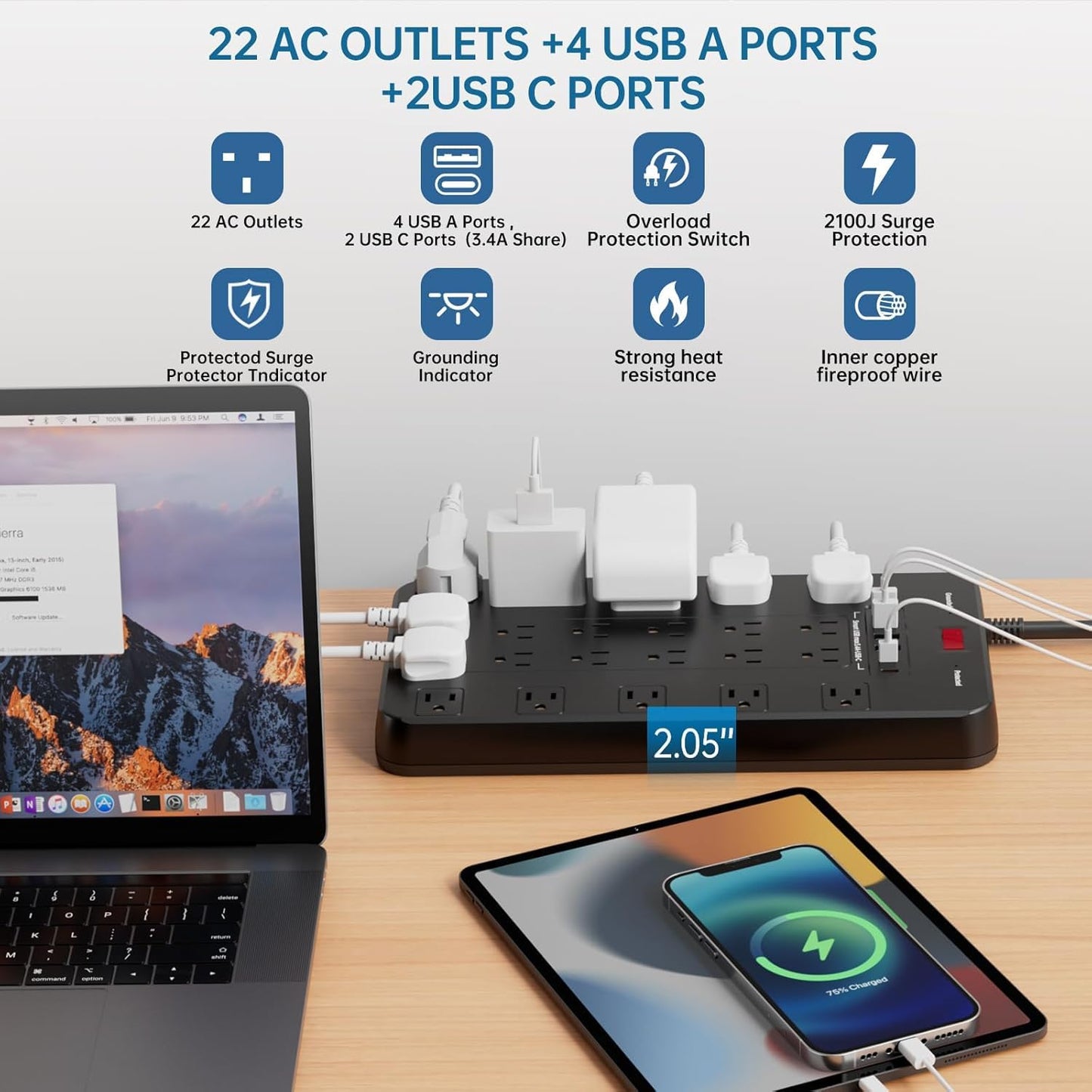Surge Protector Power Strip with 22 Outlets 6 USB Ports(2 USB C), 1875W/15A, 6.5 FT Flat Plug Heavy Duty Extension Cord with Multiple Outlets for Home