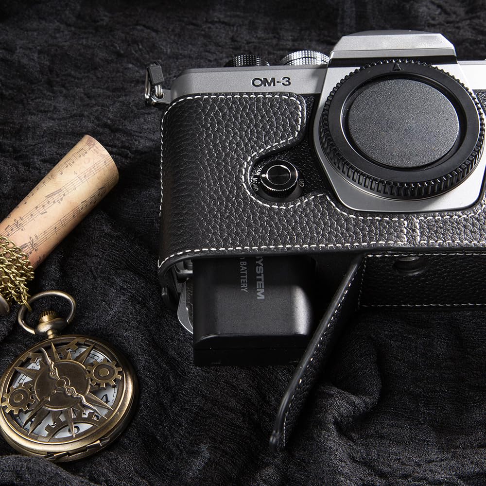 DBZZ Handcrafted Genuine Leather Camera Case, Vintage Half-Wrap Camera Protector For OLYMPUS OM-3 (Black)