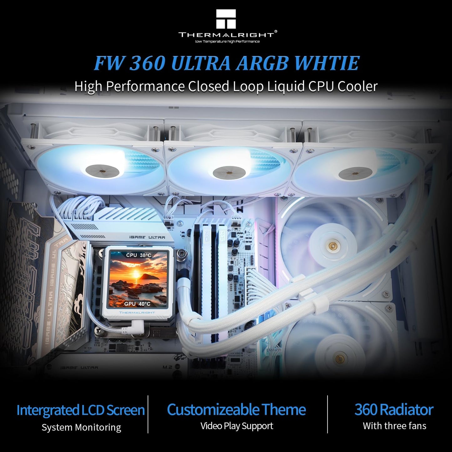 Thermalright FW360 Ultra ARGB White CPU Water Cooler with 3 PWM Fans with 2000RPM,IPS LCD Screen with 480x480 Resolution,Liquid CPU Cooler