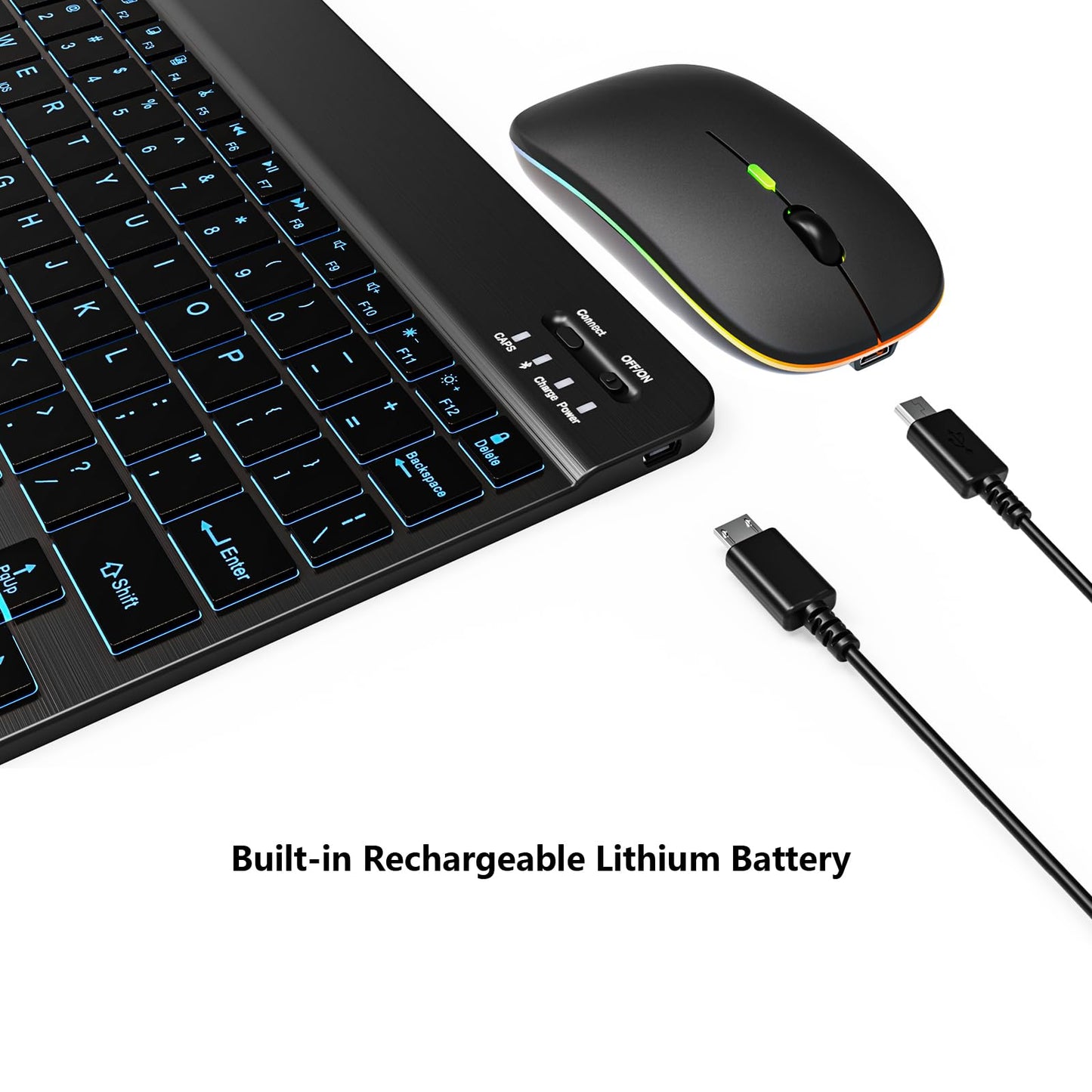 Backlit Bluetooth Keyboard and Mouse Combo for iPad Air Pro Mini Tablet iPhone Android Samsung Smartphone Cell Phone Rechargeable Ultra Slim Compact