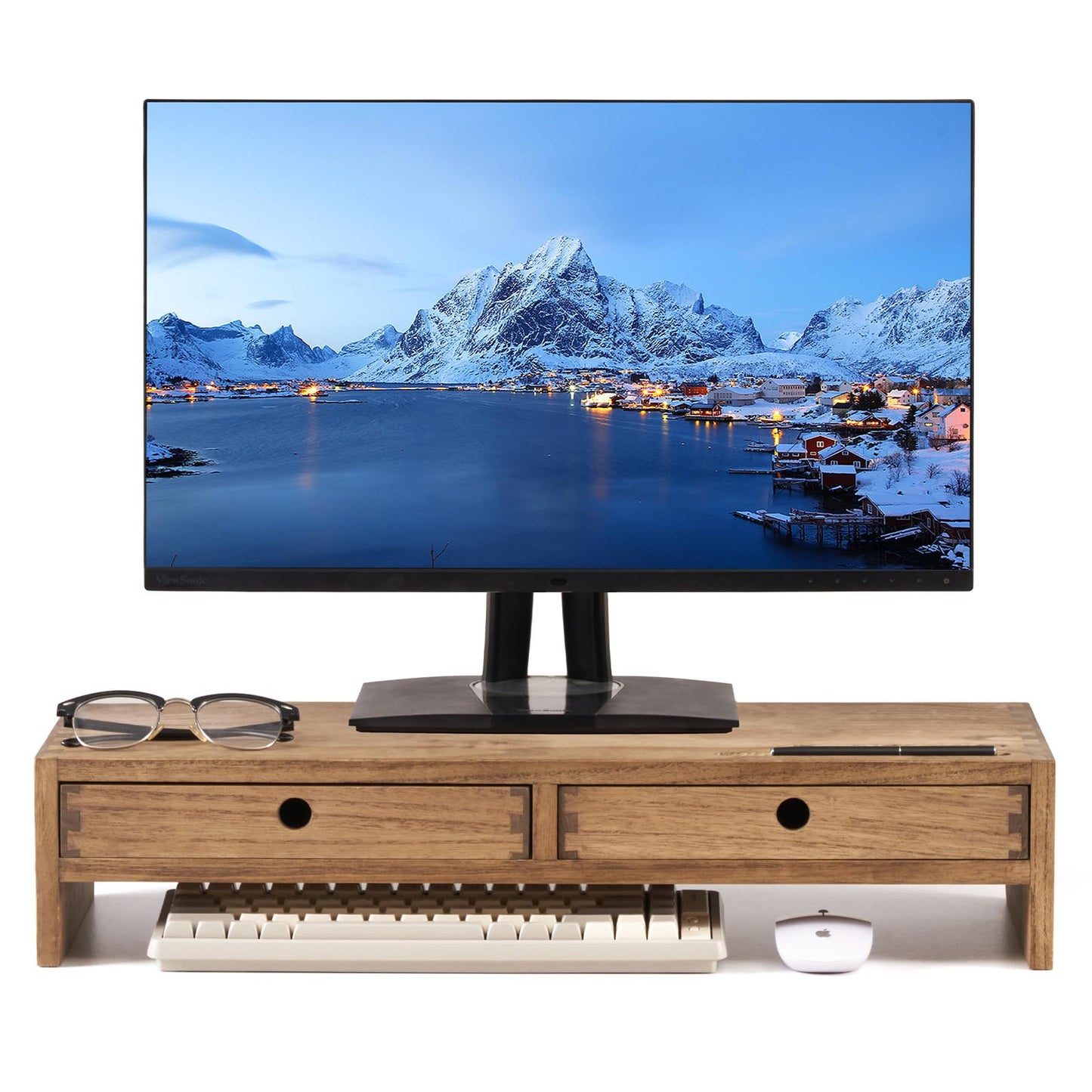 KIRIGEN Wood Monitor Stand with 2 Drawers - Computer Arm Riser Desk Storage Organizer,Speaker TV Laptop Printer Stand with Pen Slot and Cable