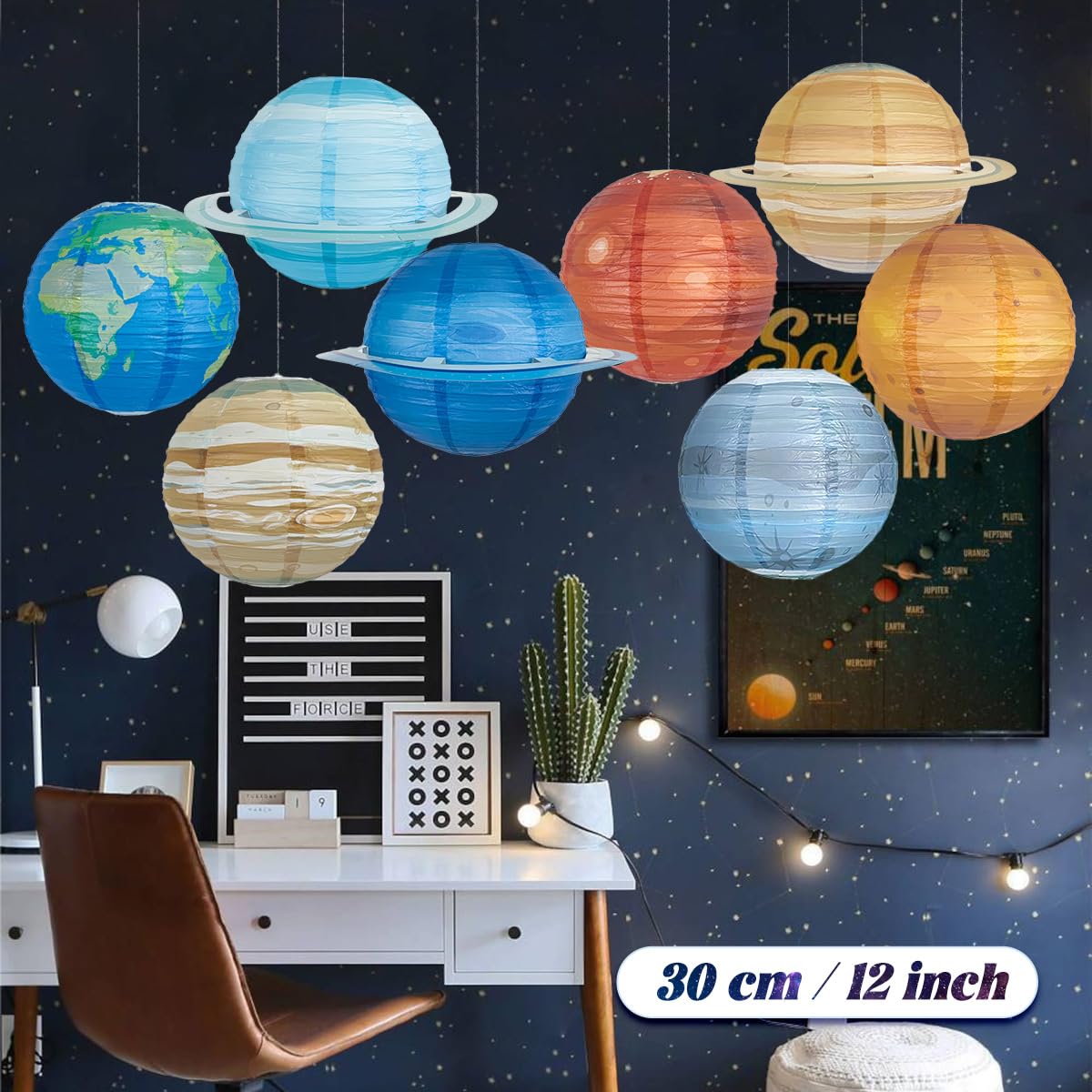 Space Planet Paper Lanterns,12inch ,8pcs Reusable Solar System Planets Hanging Lanterns Ornament Lamp Cover for Outer Space Birthday Party Home