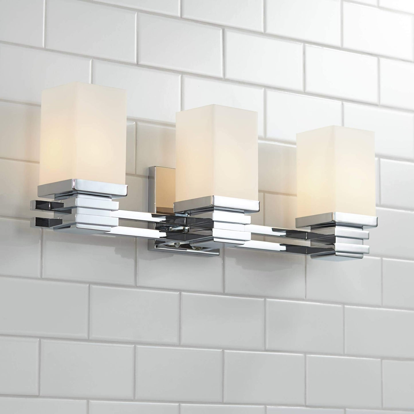 Possini Euro Design Bennett Modern Wall Light Chrome Silver Hardwired 22" Wide 3-Light Fixture Mounted Etched White Opal Glass Rectangular Shade