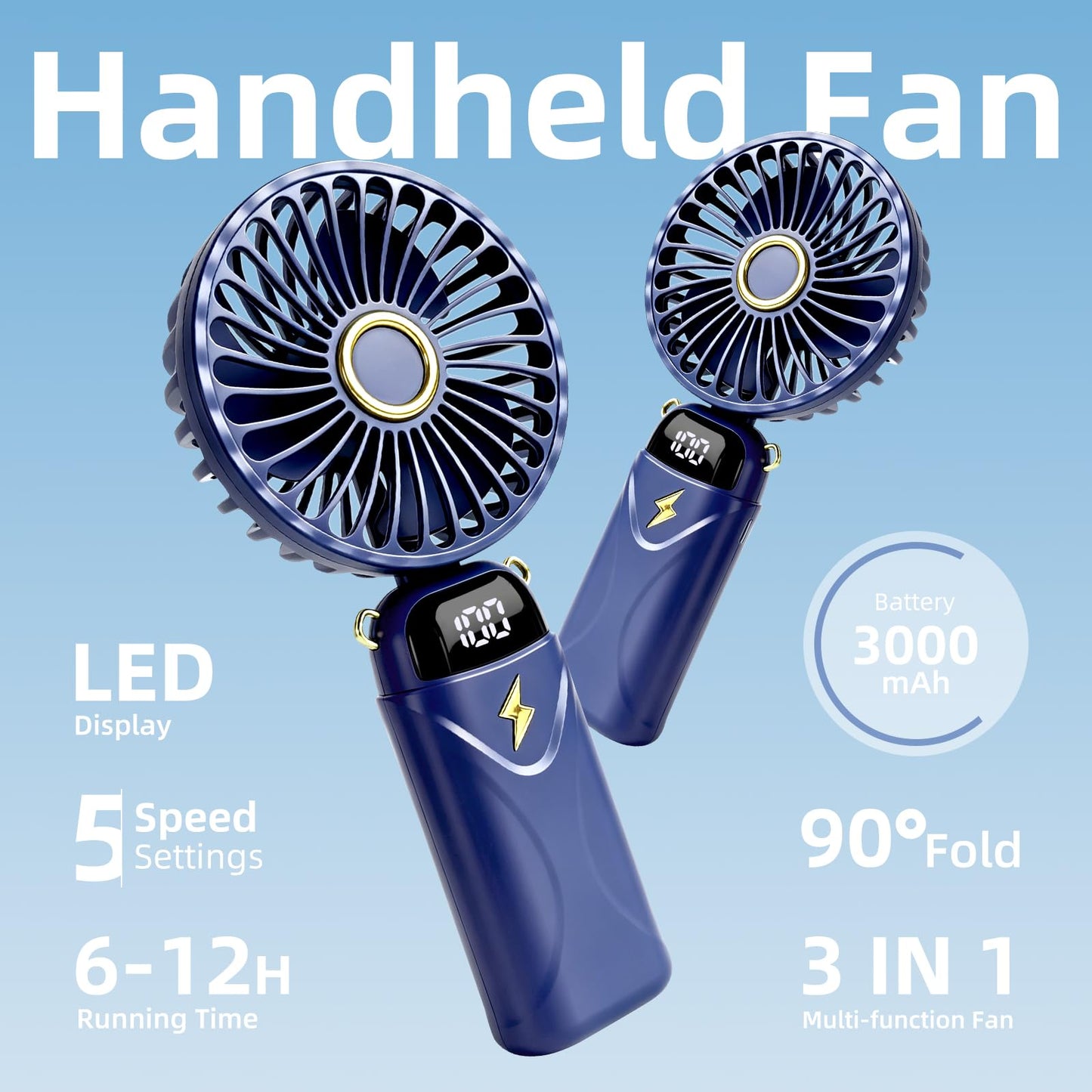 Sderx Portable Handheld Fan,5-Speed Turbo Fan with Real-Time Power Display