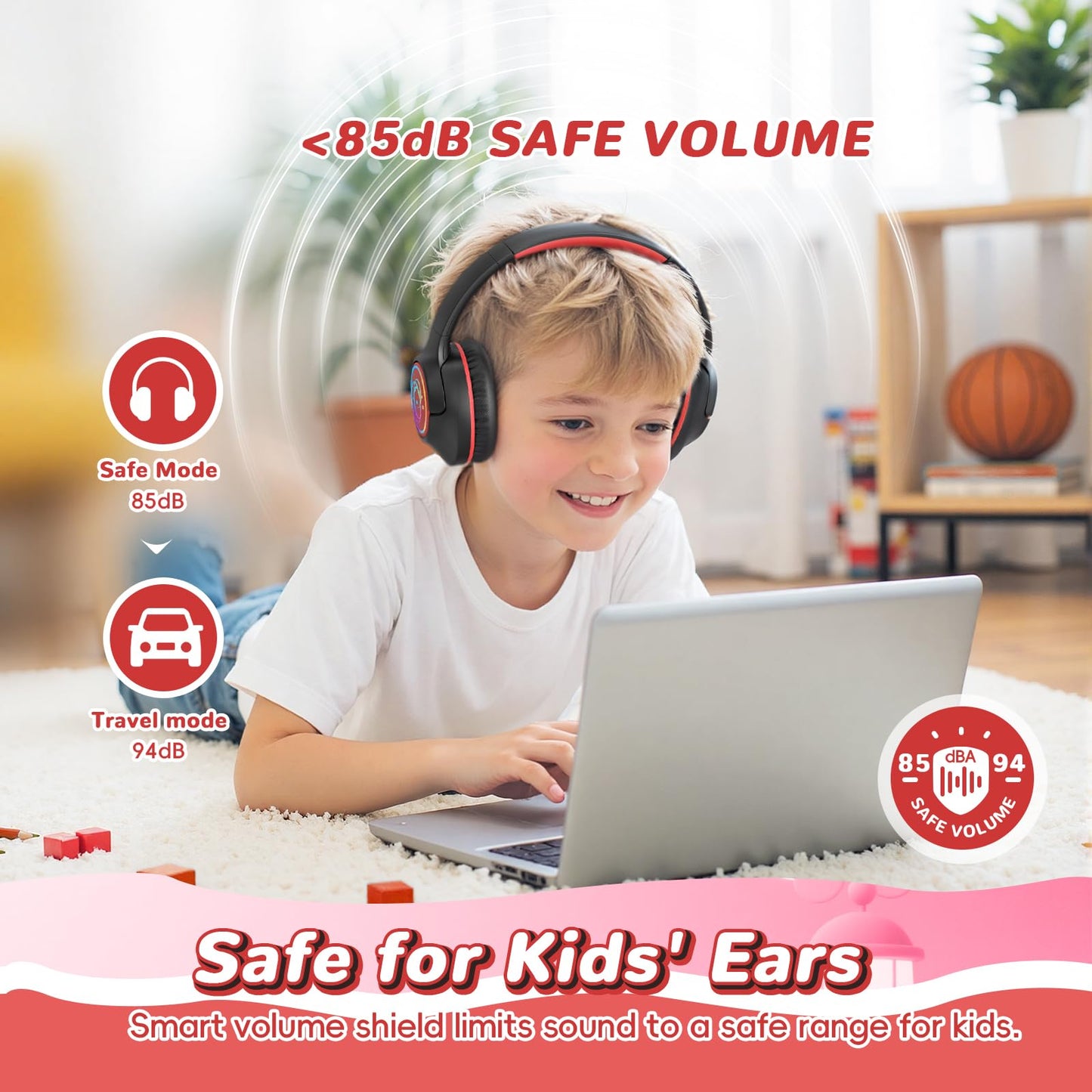Kids Bluetooth Headphones, 85H Playtime for Toddler Boys, Black with LED