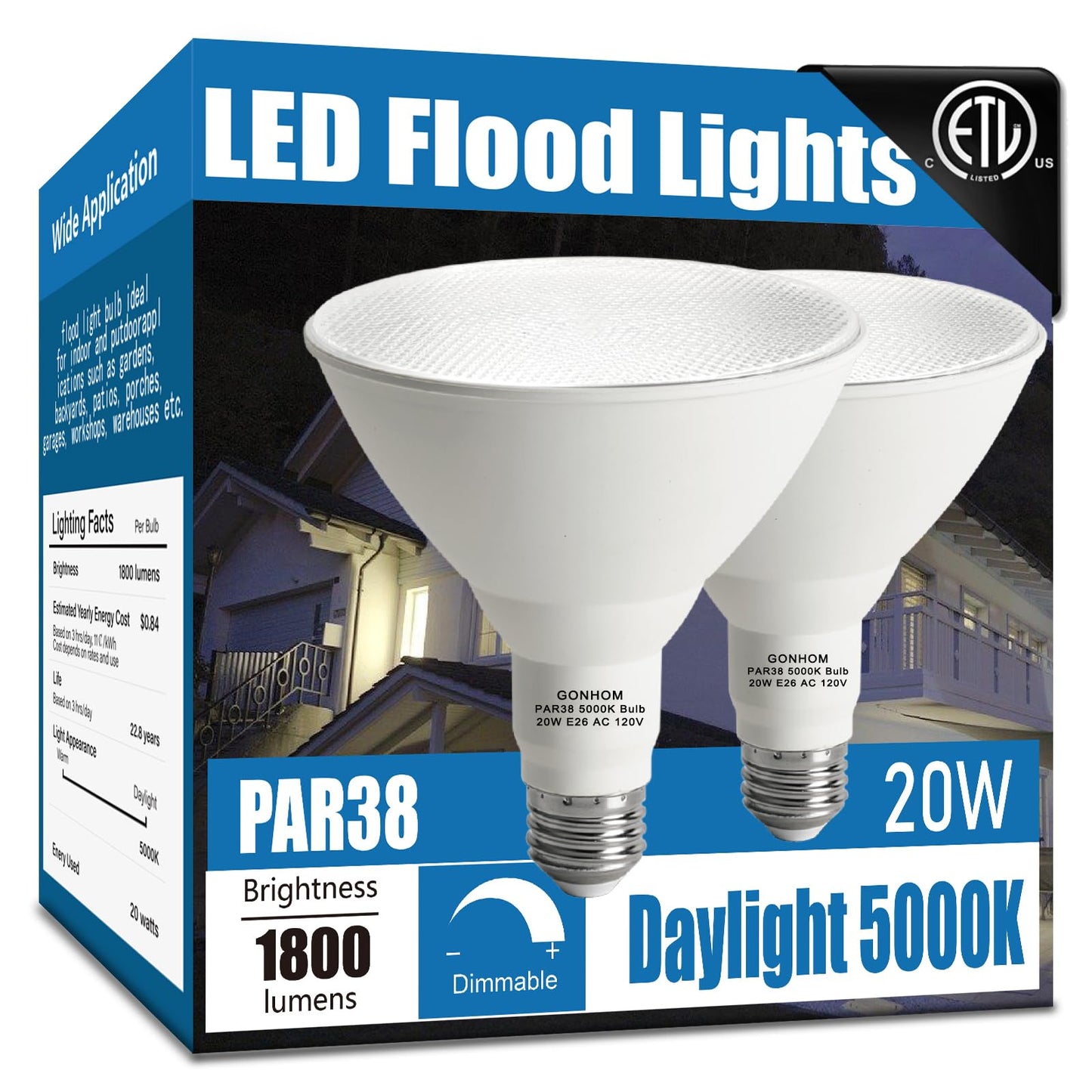 Gonhom Par38 led Flood Lights Outdoor Light Bulb,Dimmable 1800LM,20W Replace up to 200W,Outdoor Flood Light Bulbs for Backyard,Garage,Porch,Garden,2