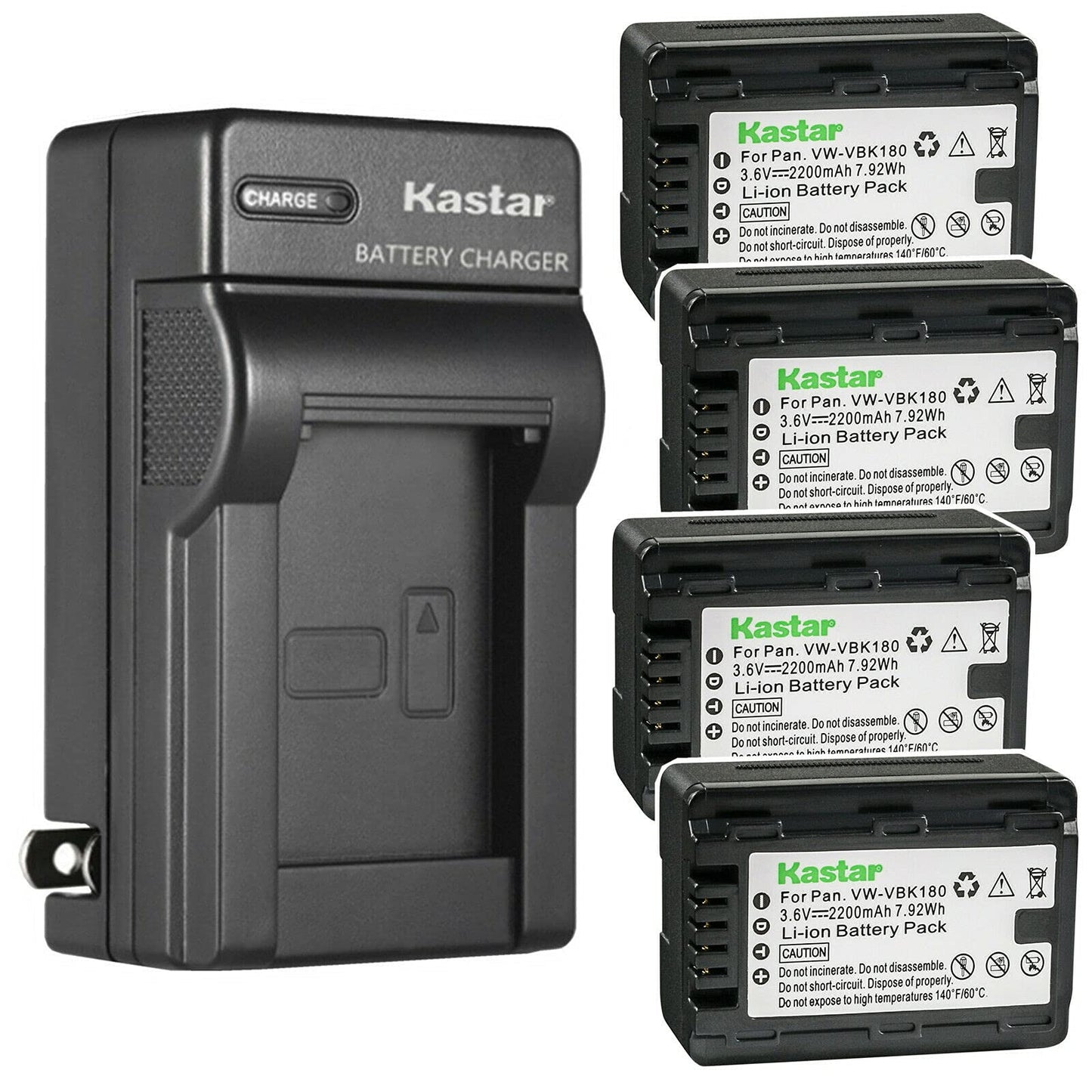 Kastar 4-Pack Battery + AC Wall Charger Replacement for Panasonic VW-VBK180 VW-VBK360 VW-VBL180 VW-VBL180PPK VW-VBL090 VW-VBL090PPK VWVBK180 VWVBK360