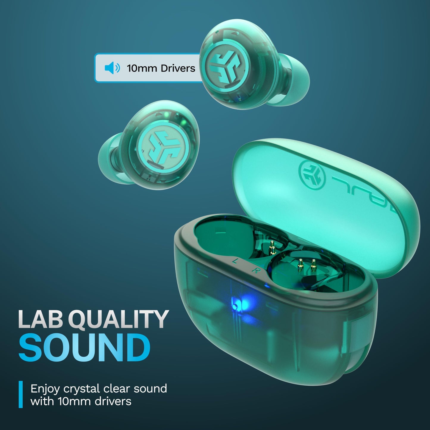JLab, Go Pop ANC, True Wireless Earbuds, Active Noise Cancelling, Transparent Teal