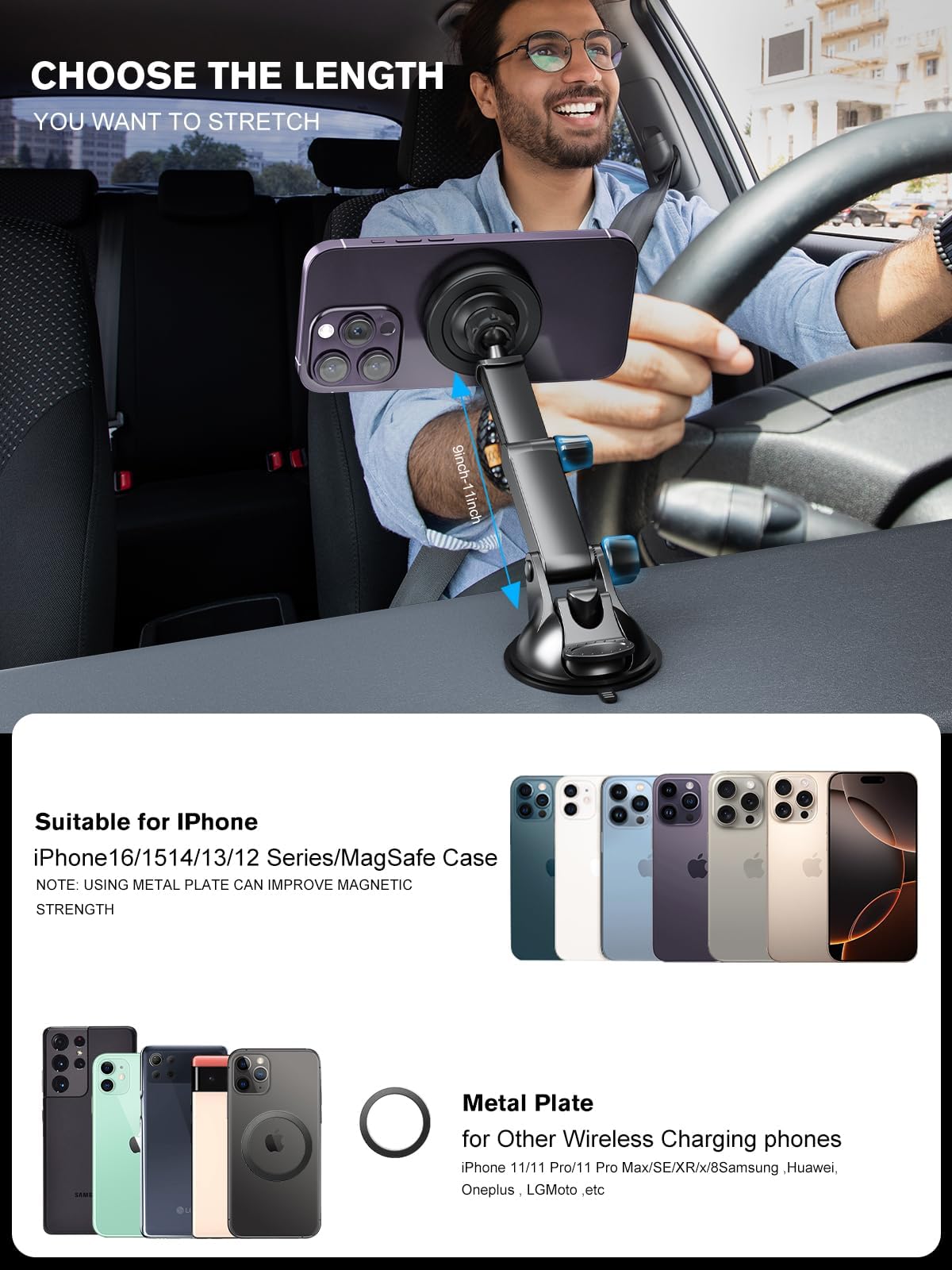 MAGJIEYX for Magnetic Magsafe Car Mount Charger, Wireless Car Charger with QC3.0 Adapter(38W Max) Phone Holder Fits iPhone17/16/15/14/13Plus/MagSafe