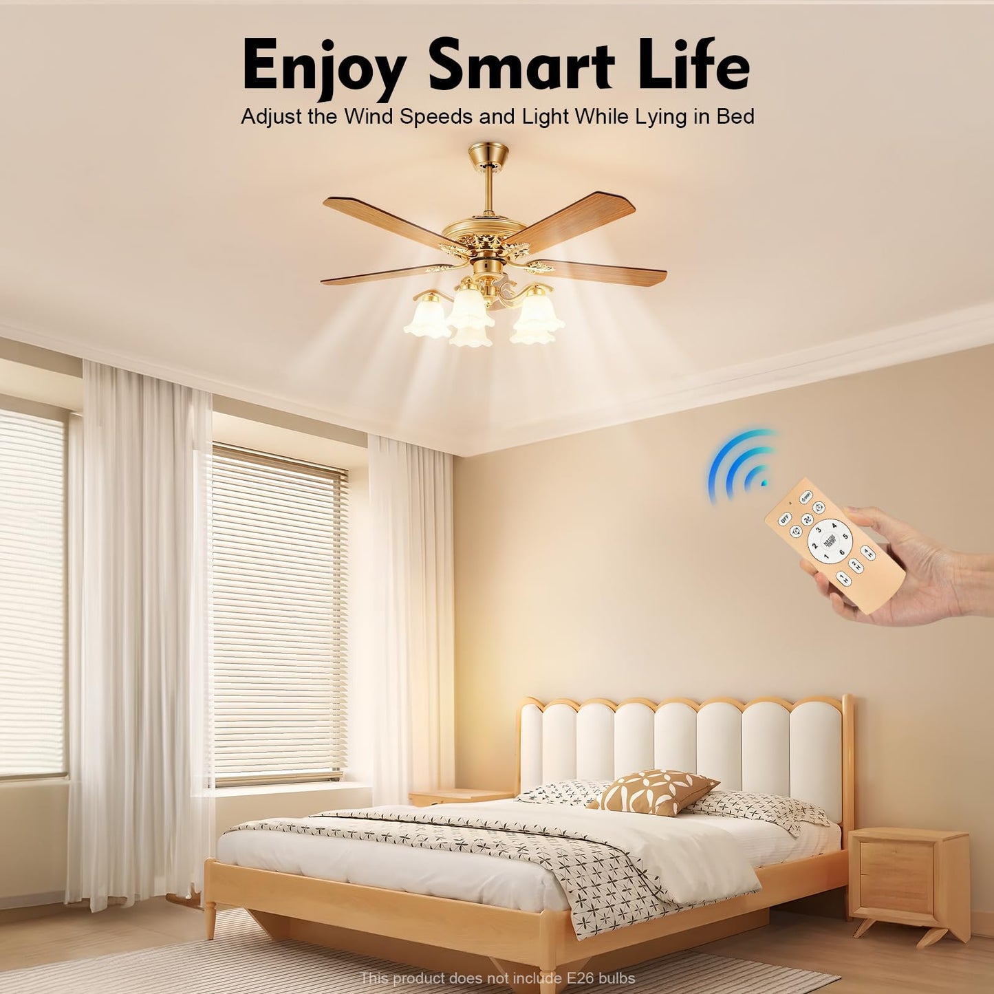 SanBouSi 52 Inch Chandelier Ceiling Fan 5 Reversible Blades with 5 Flower Glass Light, Modern Golden Style LED Fan Chandelier Indoor Home Decor