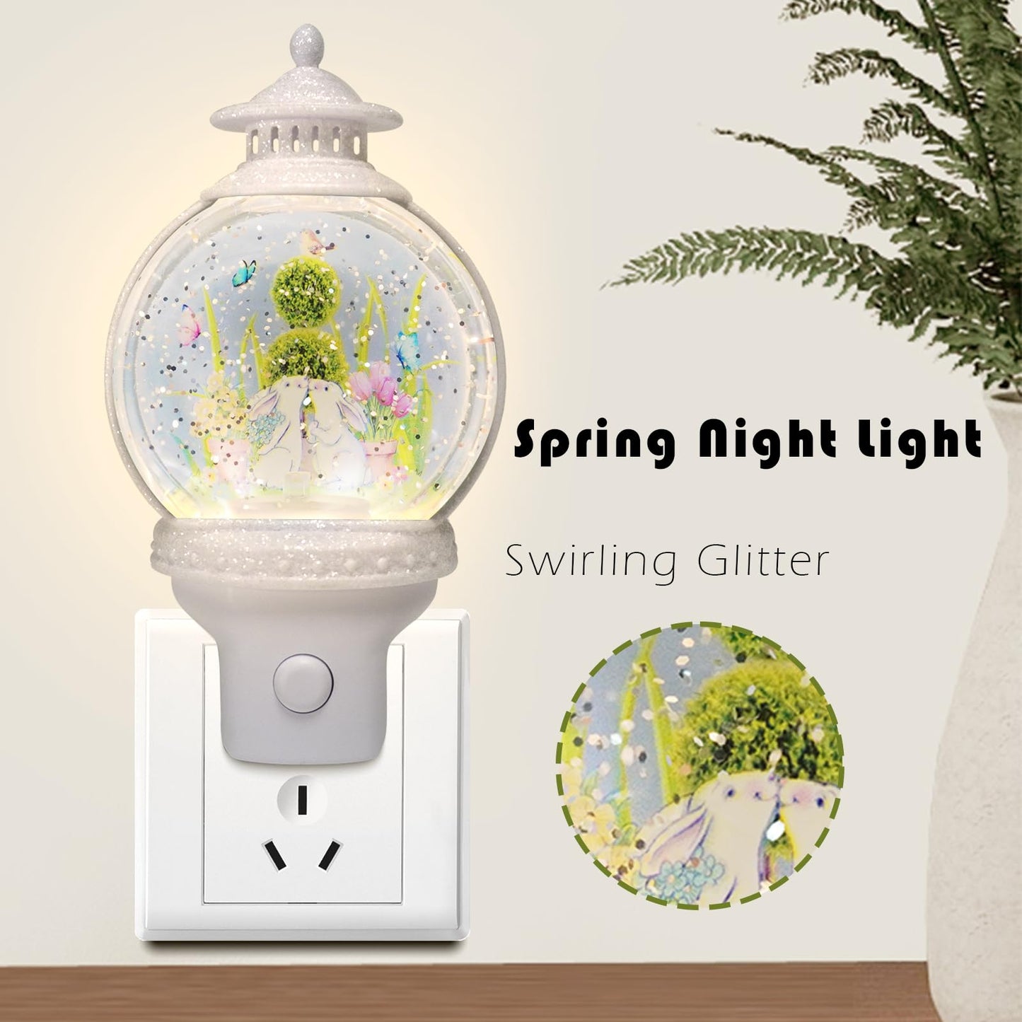 Xanqinluma Spring Night Light Plug into Wall Rabbits and Butterfly Flowers Nightlight with USB/Outlet Options Spring Night Light Snow Globe for Kids