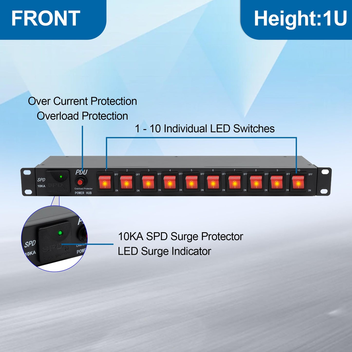 ThePoEstore 10 Outlets 1U Horizontal PDU Network Rackmount Power Strip with Surge Protector, (SPD-10KA) 100-240V,15A 3600 Joules, w/10 LED Switches
