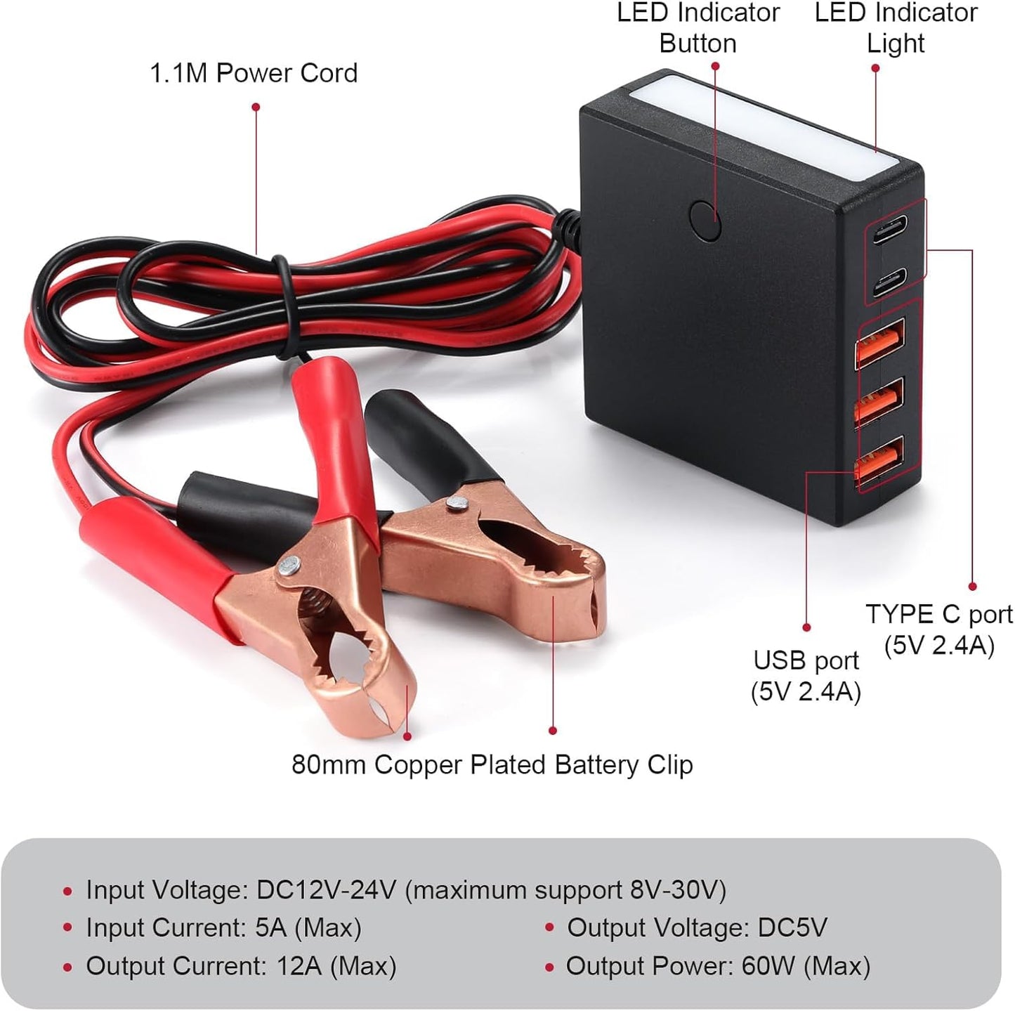 DC 12V 24V to USB USB-C Multi Port Car Charger Adapter - 60W 5V 12A Buck Converter with LED Emergency Light for Vehicle Truck Phone