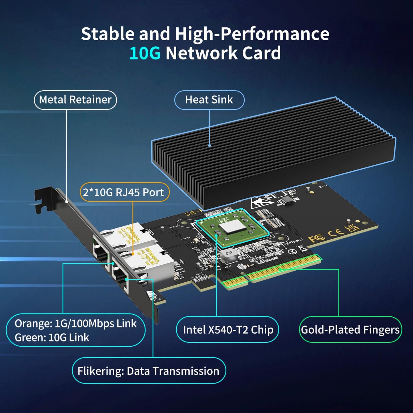 10Gb Dual LAN Base-T PCI-e Network Card, Intel X540 Controller, NICGIGA 10Gbps Ethernet Adapter, 2 * 10Gbe RJ45 Port, 10G NIC Card, Support