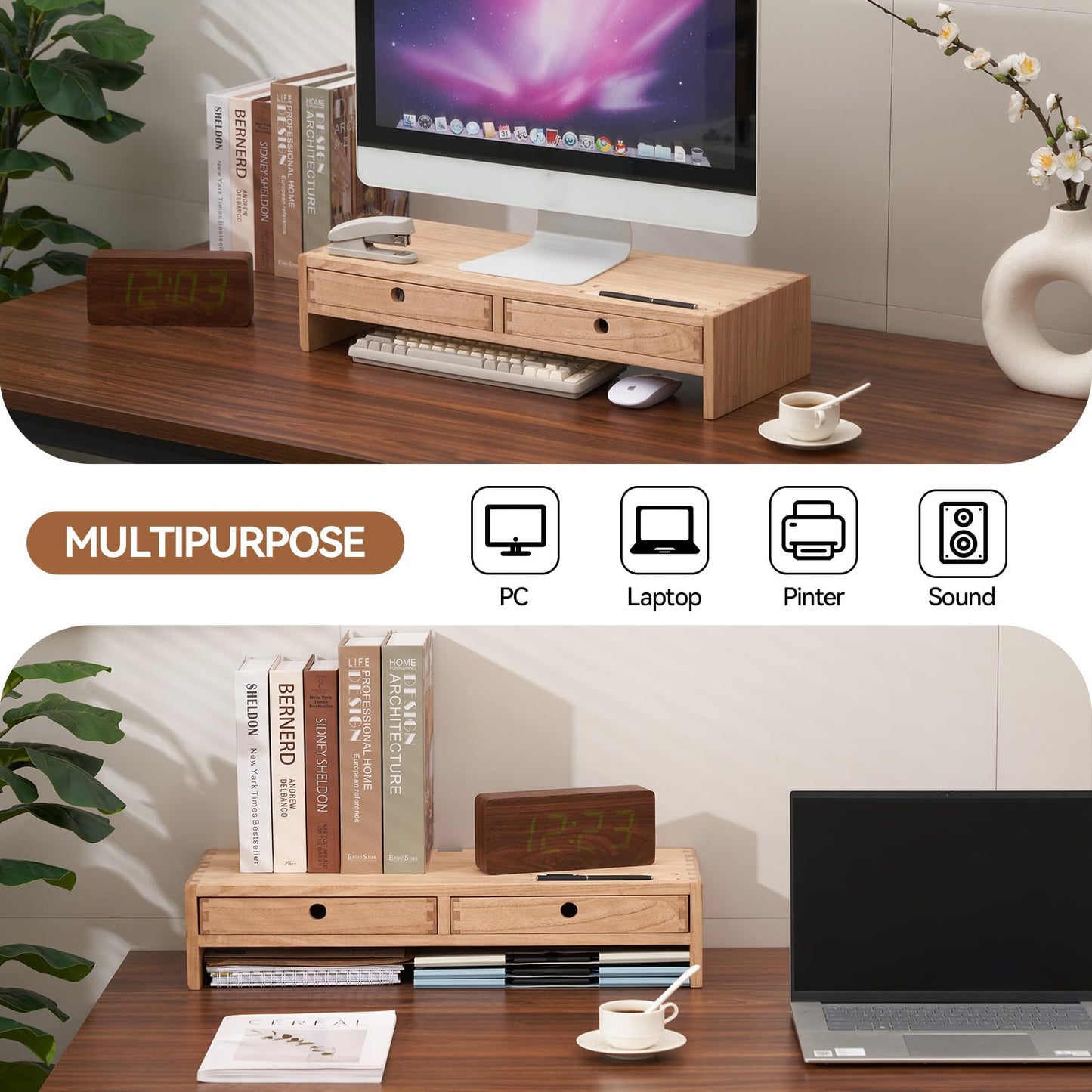 KIRIGEN Wood Monitor Stand with 2 Drawers - Computer Arm Riser Desk Storage Organizer,Speaker TV Laptop Printer Stand with Pen Slot and Cable