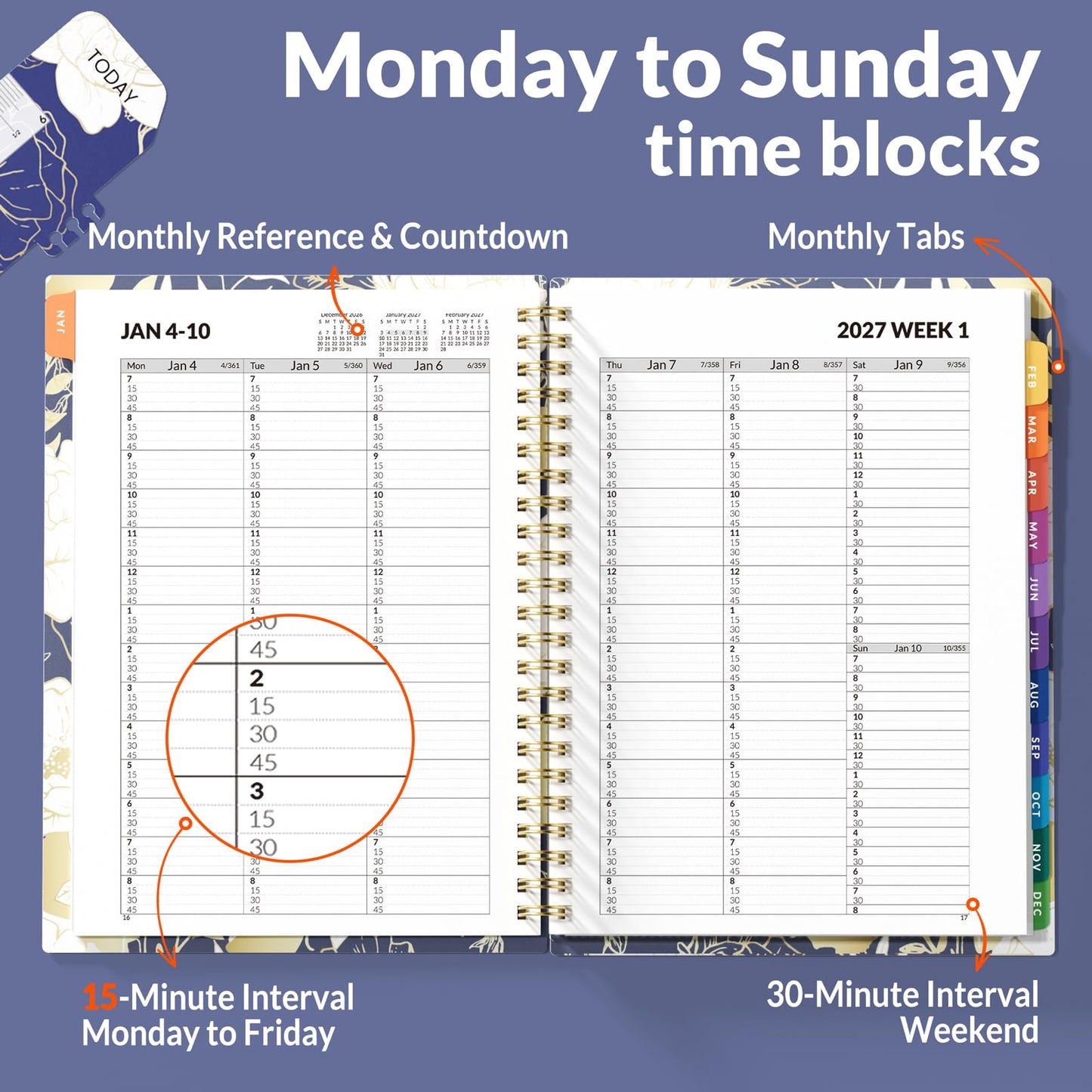 SUNEE 2026 Appointment Book, Quarter-Hourly, Weekly & Monthly - from January 2026 - December 2026, 6.4"x8.3" Flexible Cover, Notes, Pockets, Bookmark