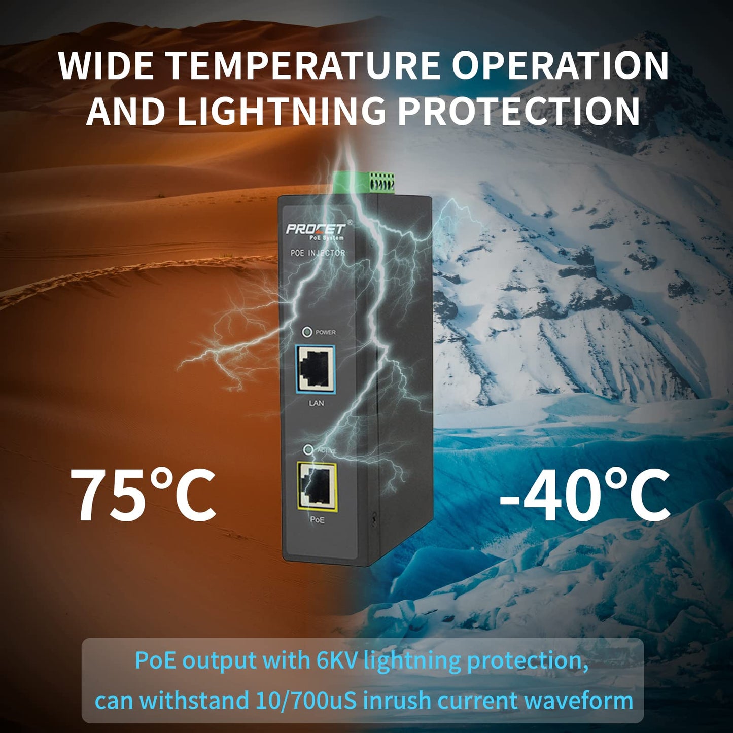 PROCET PoE++ 95W PoE Injector DIN Rail PoE Power Injector with 6KV Surge Protection, IEEE 802.3 af/at, Wide Working Temperature -40? to 149?