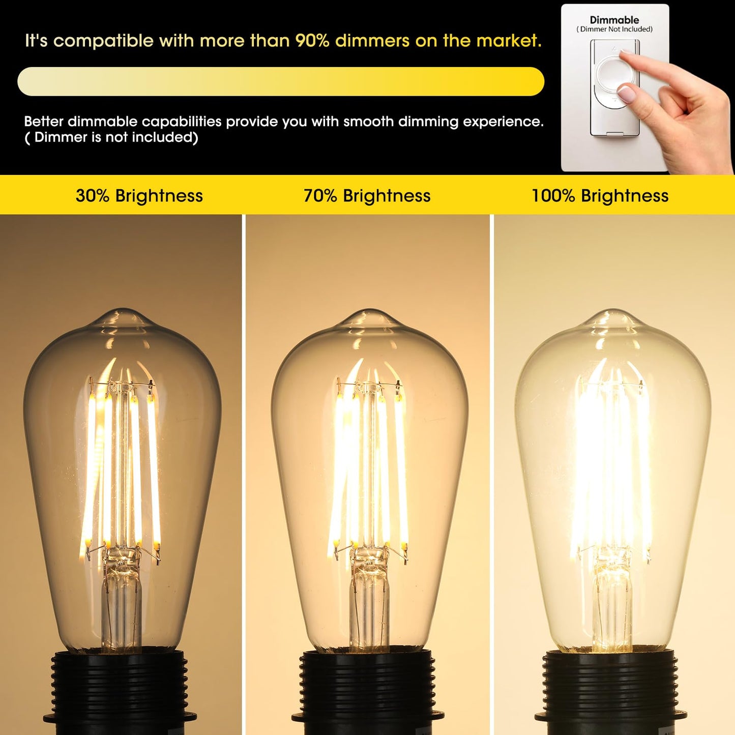 Gozelux Vintage LED Edison Bulbs 6W, Equivalent 60W Incandescent, Warm White 2700K, ST58 Antique LED Filament Bulbs with 90+ CRI, E26 Medium