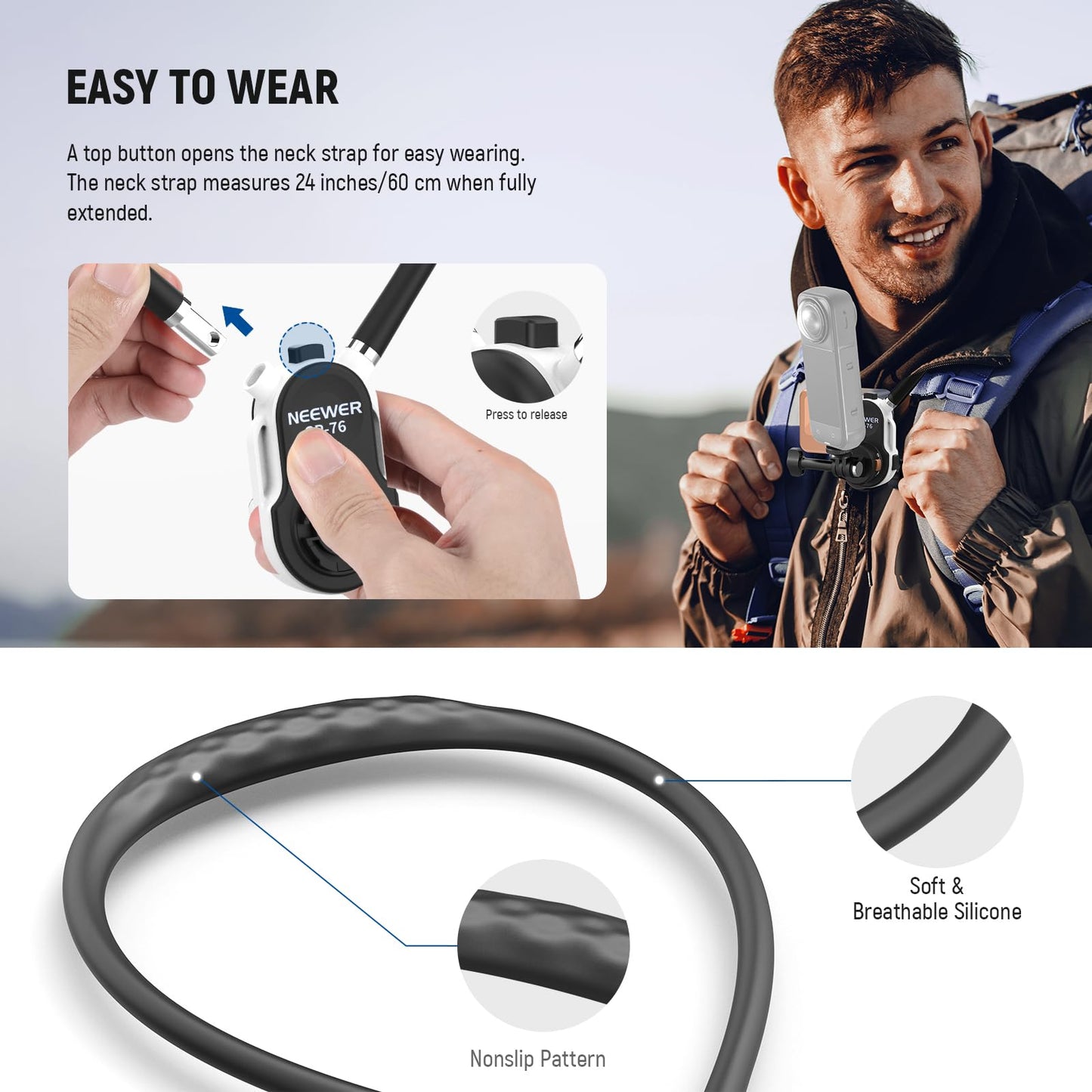 NEEWER GP-76 Magnetic Neck Mount Compatible with GoPro DJI Action Cameras, Quick Release Neck Holder with Air Cushion & Adjustable Chest Strap