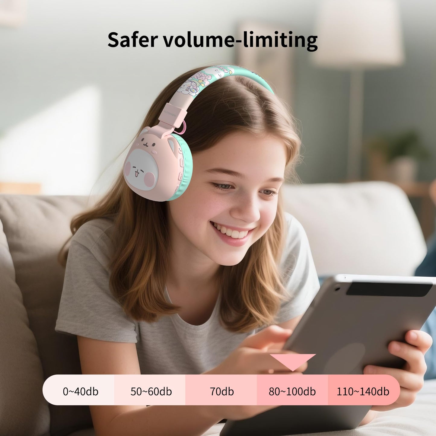 YLFASHION Kids Bluetooth Headphones, 85dB Volume Limit, Ultra-Soft Over-Ear, Built-in Mic, Foldable,Cartoon Animal Design, Suitable for School…
