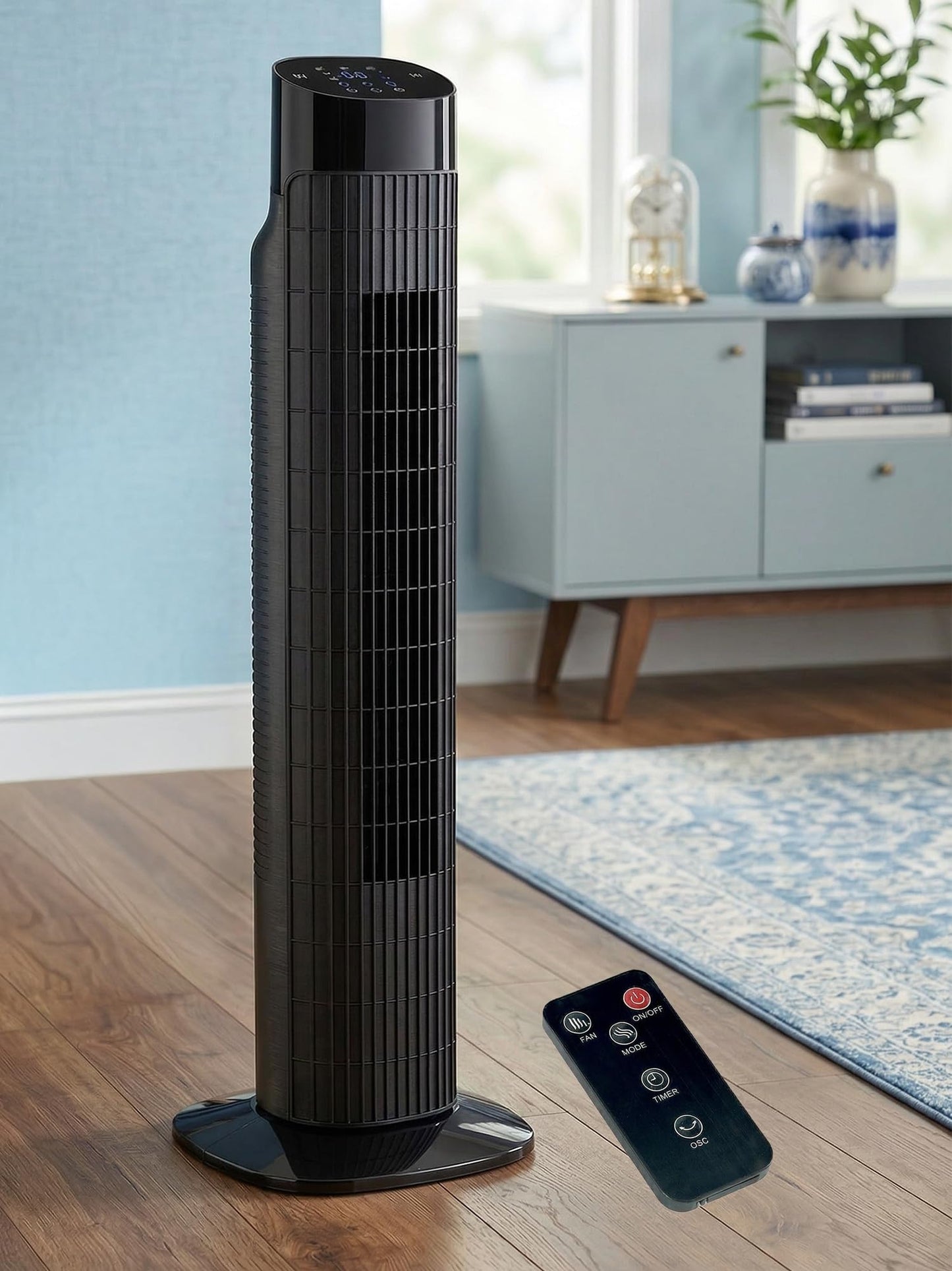 Uthfy Tower Fan for Bedroom, 120° Oscillating Standing Fan with Quiet Sleep Mode, 3 Speeds & 3 Modes, 7.5H Timer, Remote/Touch Control, Bladeless