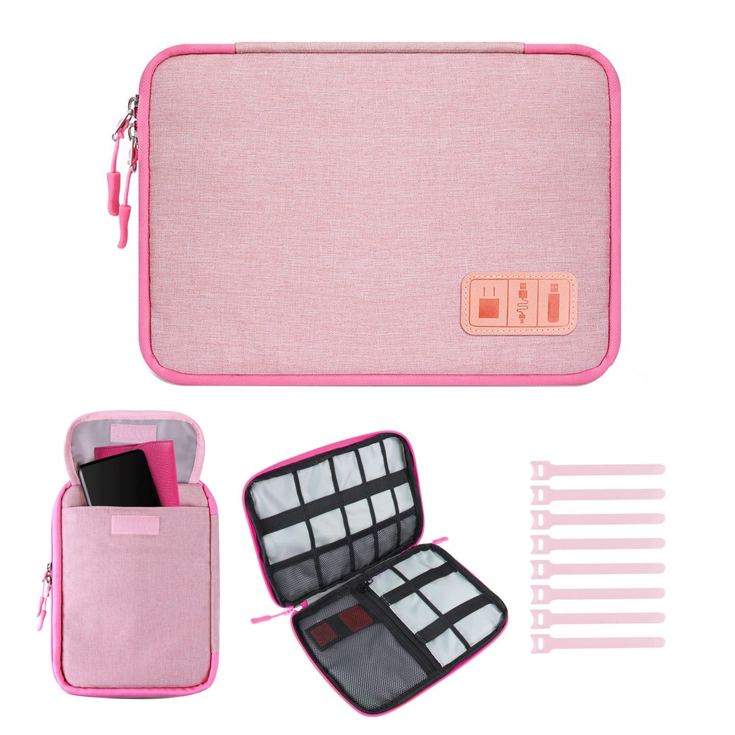 Rinvanic Cable Organizer Bag, Pink Travel Accessories Carry Cases Portable Cord Organizer Bag for Cable, Charger, Phone, USB, SD Card with 8pcs Cable