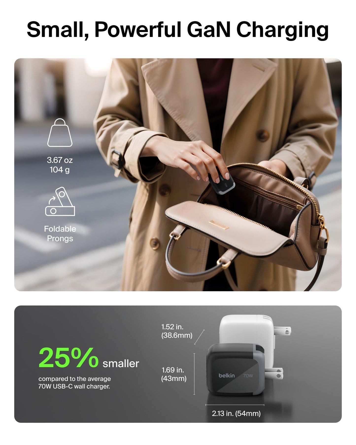 Belkin 3-Port USB C Charger Block 70W, Multi-Port GaN Wall Charger w/ 2X USB C Ports & 1x USB A Port, Fast Charging for MacBook, iPhone 17, iPad Pro