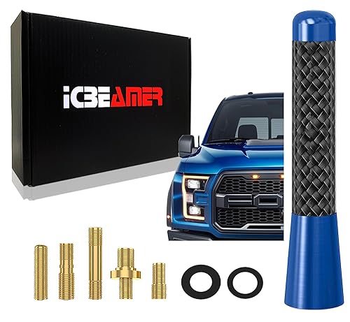 ICBEAMER 3" Carbon Fiber Polished Finish & Dark Navy Blue Aluminum Short Automotive Antenna with Internal Copper Coil Universal Work for AM/FM Radio