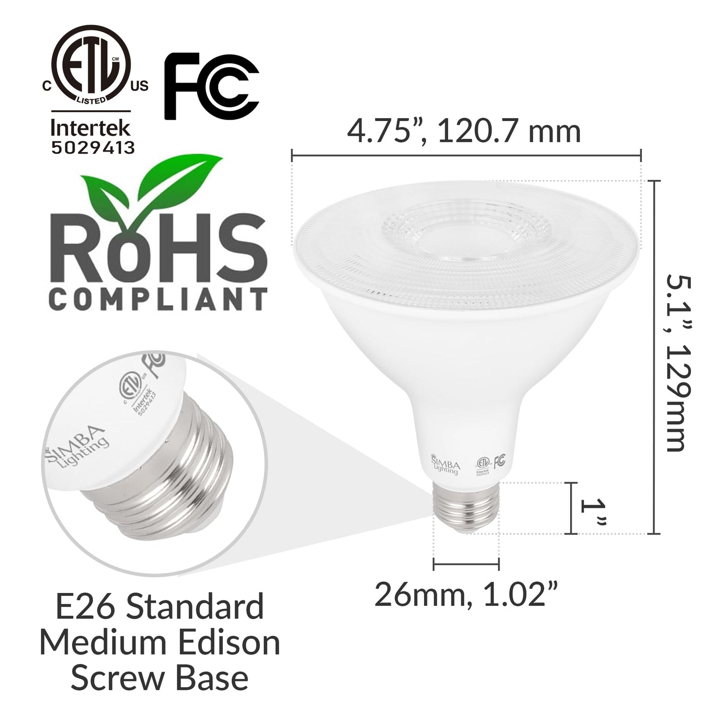 Simba Lighting LED PAR38 18W 120V ETL Listed Light Bulb E26, 5000K, 2 Pack