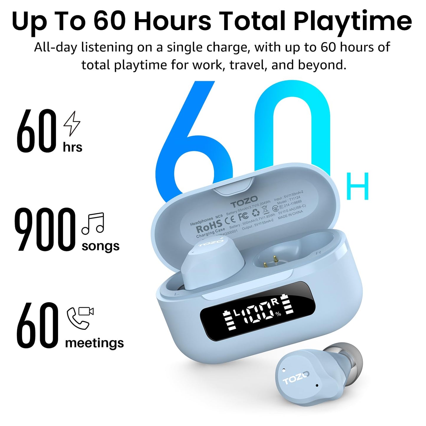 TOZO NC9 Hybrid Active Noise Cancelling Wireless Earbuds, 60H, LED Display