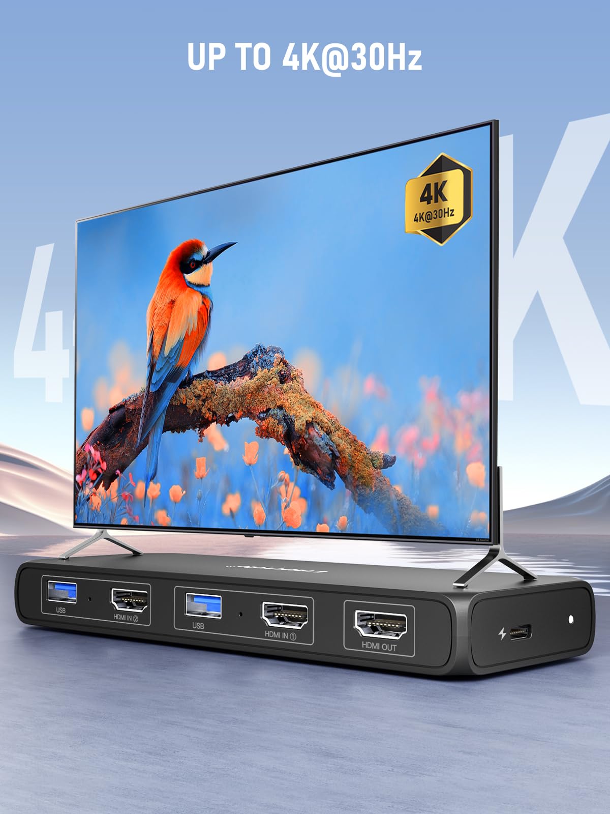 Lemorele KVM Switch 4K 2x1, 2-Computer Sharing 1 Monitor with USB 3.0 Hub, 4-Port USB for Mouse Keyboard, Plug and Play, USB-C Powered, 4K@30Hz (2 USB