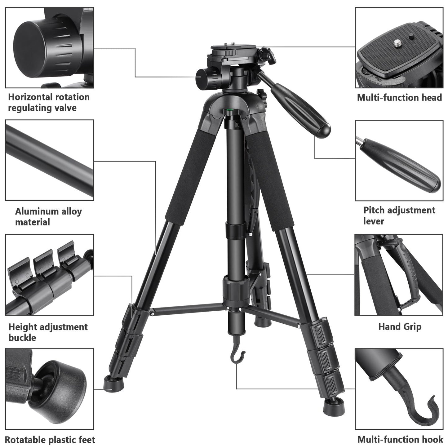 NEEWER Portable Aluminum Alloy Camera 2 in 1 Tripod Monopod Max. 70"/177cm with 3 Way Swivel Pan Head and Carrying Bag for DSLR, DV Video Camcorder