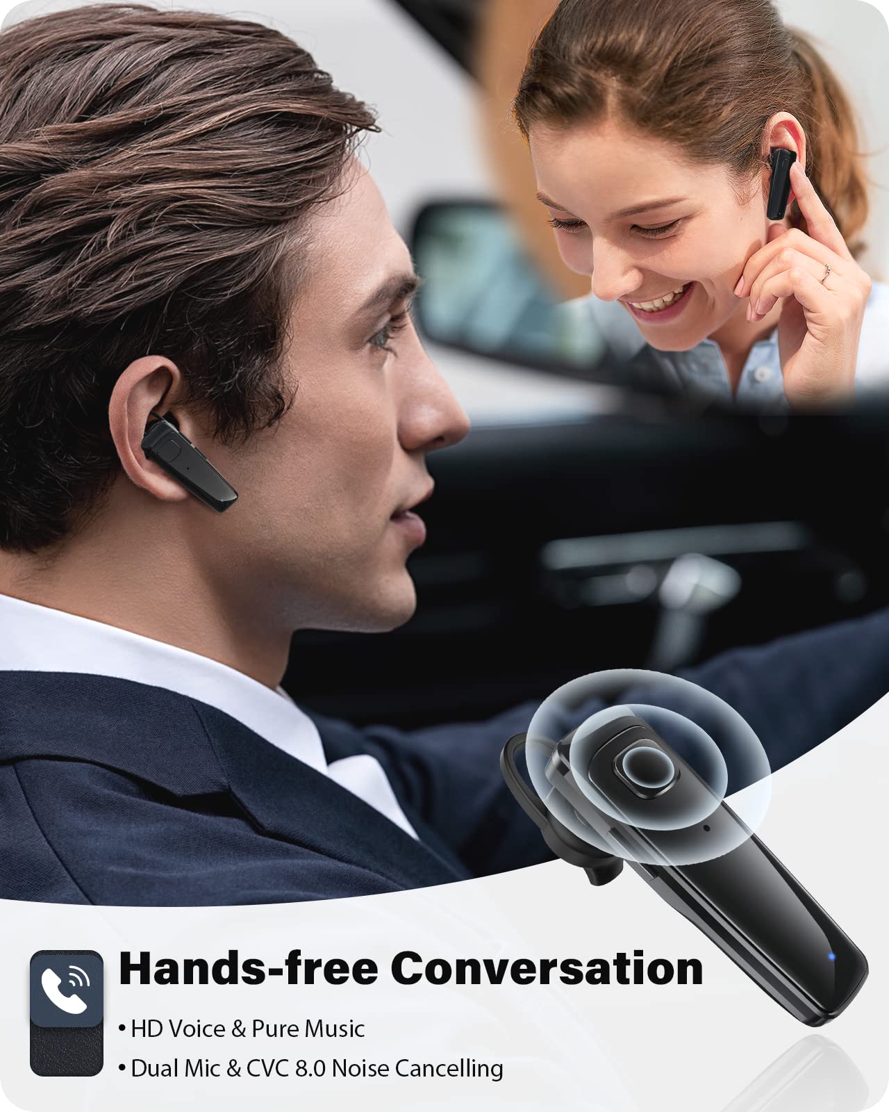 ADADPU Bluetooth Headset - V5.0 Wireless Handsfree Earpiece Built-in Dual Mic Noise Cancelling, 10 Days Standby 16Hrs HD Talktime Ultralight Headset