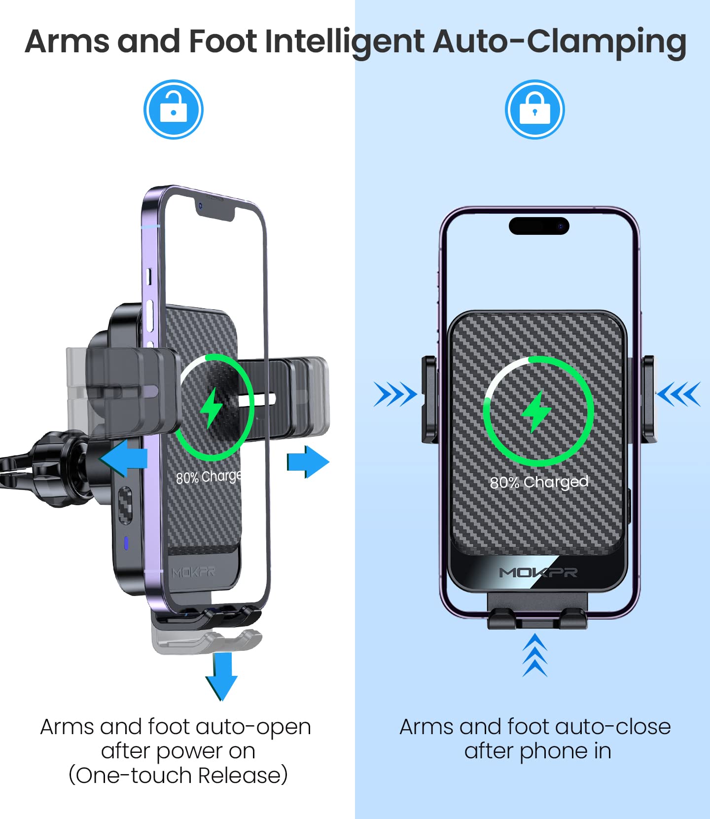 Wireless Car Charger, MOKPR 15W Fast Charging Auto-Clamping Car Mount Universal Hands-Free Car Charger Mount for Dash Windshield Air Vent Compatible